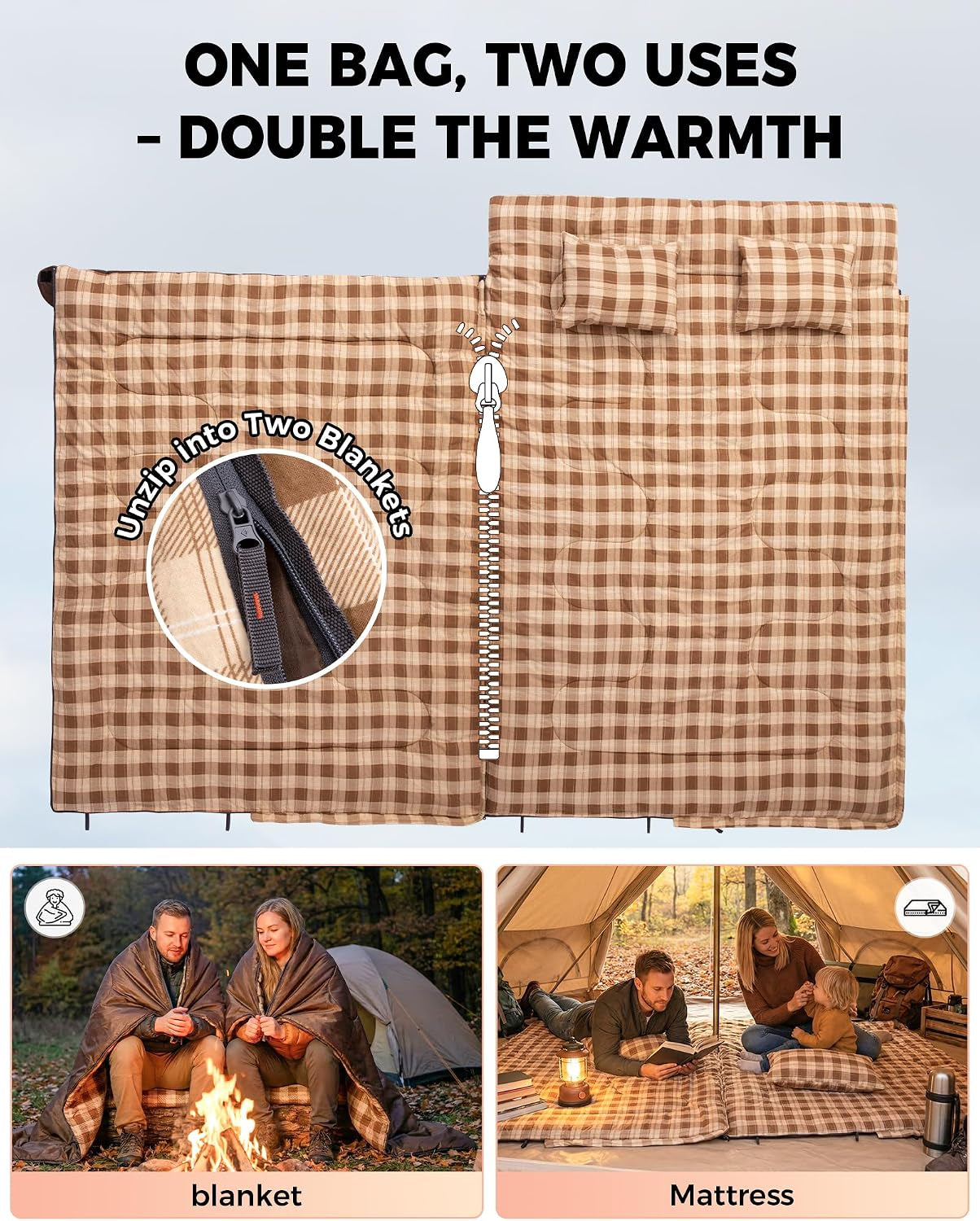 Double Sleeping Bag for Adults, Queen Size 2 Person Sleeping Bag | XXL 100% Cotton Flannel Waterproof,Lightweight,Includes 2 Pillows Sleeping Bag,Perfect for Couples Family Camping Hiking