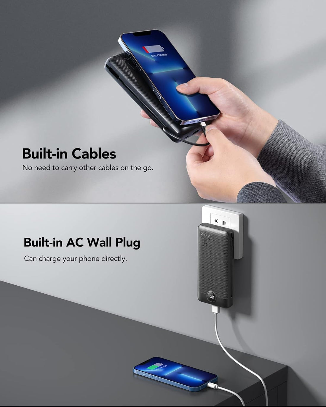 Portable Charger 20000Mah, Fast Charging Power Bank USB C,4 Output 2 Input Travel Essentials Charging Bank Equipped with LED Display,Built-In Wall Plug and Cables,Phone Charger Battery,Black