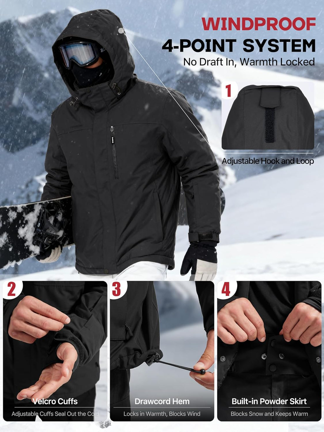 Men'S Waterproof Ski Snow Jacket Fleece Lined Warm Winter Rain Jacket with Hood Fully Taped Seams