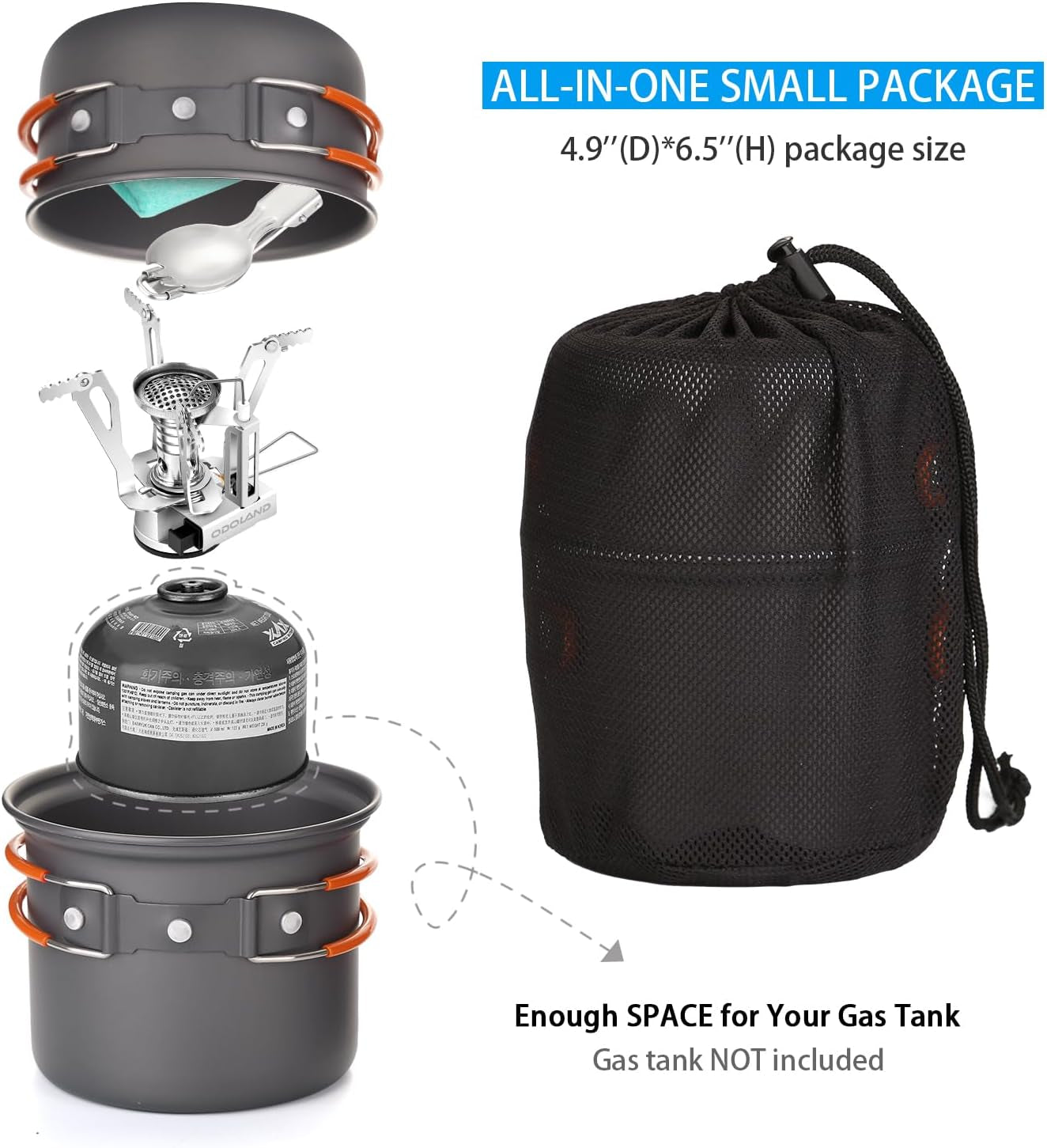 Camping Cookware Mess Kit, Lightweight Pot Stove Spork Set | Protable 6Pcs Backpacking Gear with Carry Mesh Bag for Outdoor Camping Cooking Hiking and Picnic