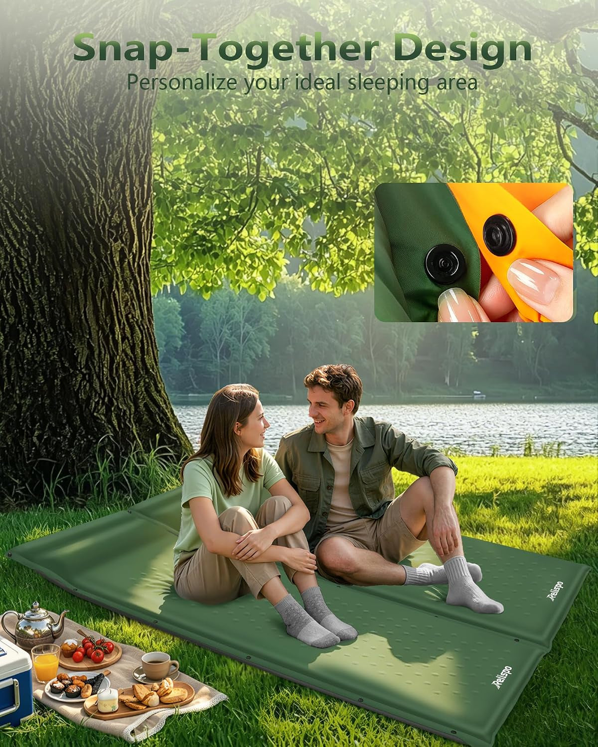 Self-Inflating Sleeping Pad with Built-In Pillow, 8R-Value 4 Season | 30D High-Density Foam Sleeping Mat, Lightweight Portable Camping Mat for Backpacking Hiking Travel, Snap Together for Couples