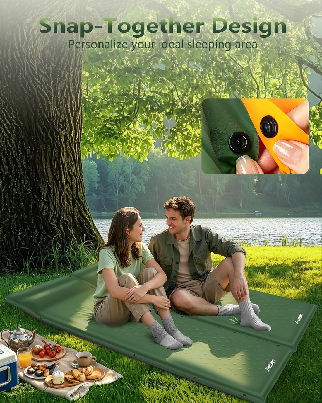 Self-Inflating Sleeping Pad with Built-In Pillow, 8R-Value 4 Season | 30D High-Density Foam Sleeping Mat, Lightweight Portable Camping Mat for Backpacking Hiking Travel, Snap Together for Couples