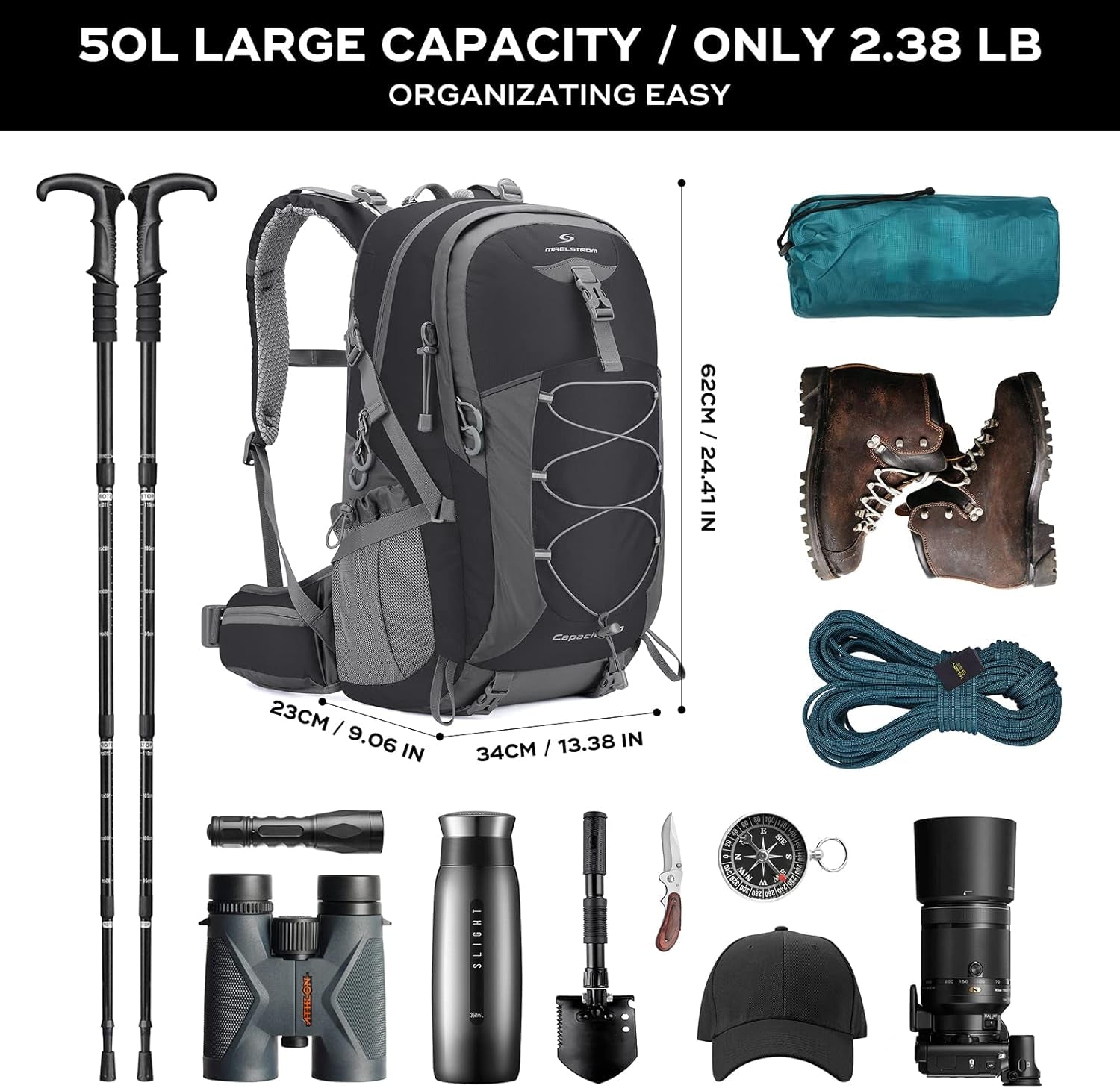 50L Hiking Backpack, Lightweight Camping Daypack with Rain Cover | Water-Resistant Rip-Stop Nylon, Wet/Dry Separation, Multi-Pockets, Survival Whistle. Ideal for Men, Women, Travel, Trekking