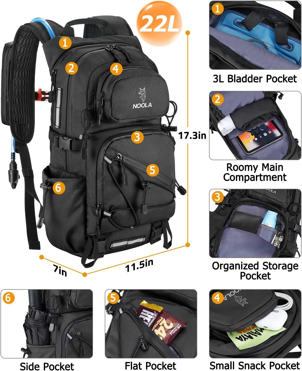 22L Hydration Hiking Backpack with 3L Water Bladder for Women and Men | Lightweight Water Backpack, Phone Holder, Rain Cover, Trekking Pole Holder, Daypack for Cycling Biking Running, Black