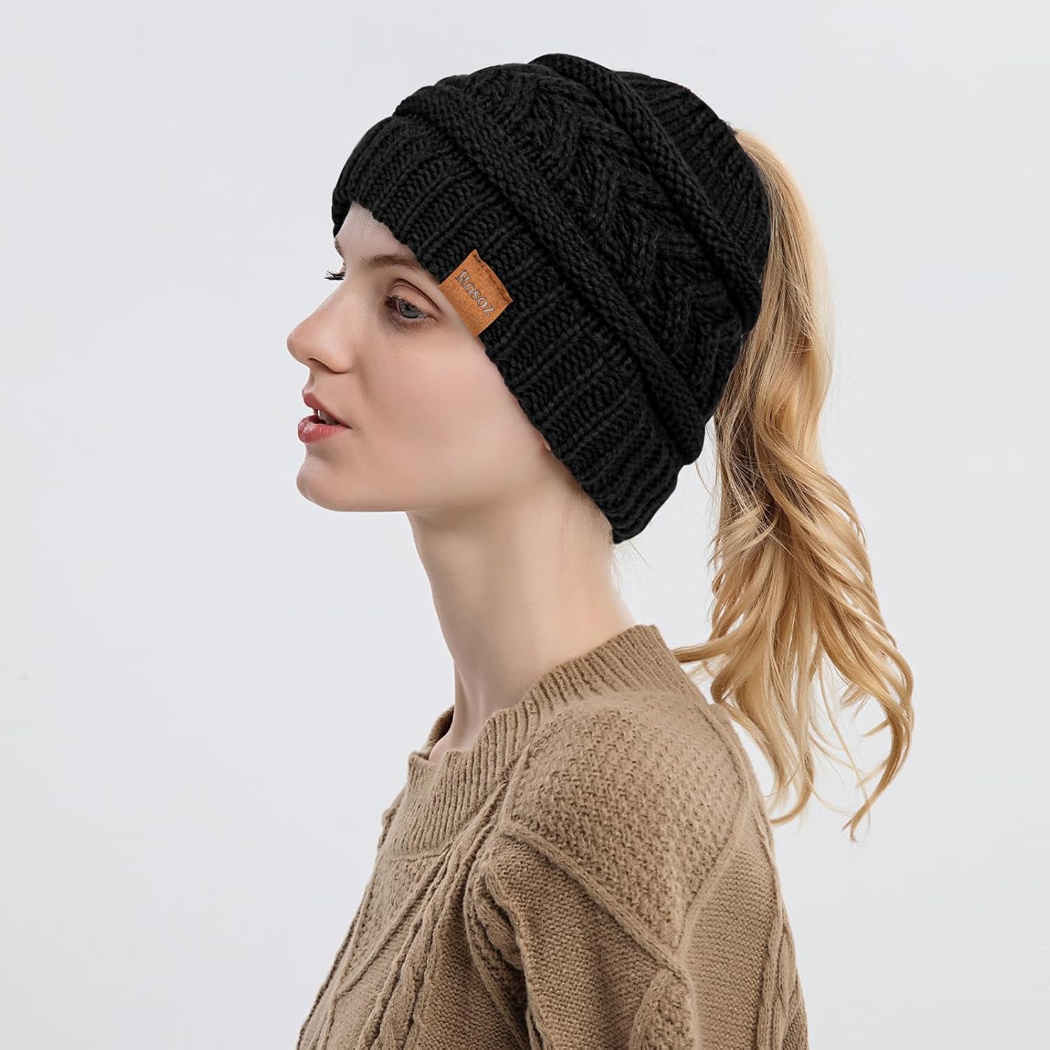 1&2 Packs Ponytail Beanie for Women,Winter Warm Beanie Tail Soft Stretch Cable Knit Messy High Bun Hat