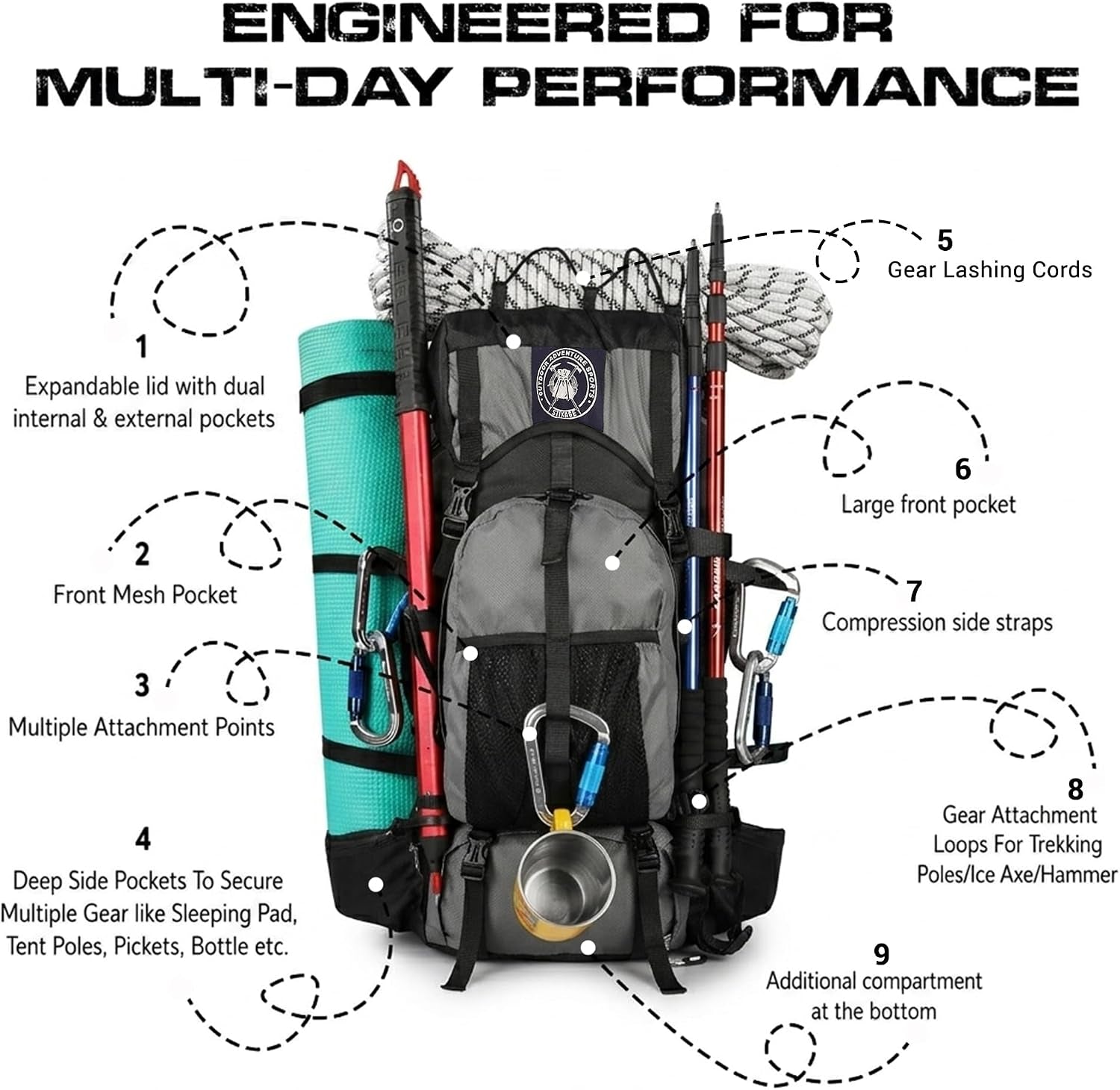 Expedition 58L Internal Frame Hiking Backpack for Men and Women – Lightweight Waterproof Trekking & Camping Backpack with Rain Cover – Adjustable Back Length, Hydration Bladder Compatible