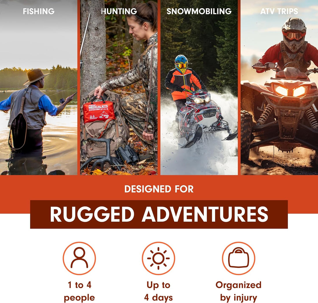Sportsman Series Medical Kit - 200 - First Aid Kit for Camping, Hiking, Hunting & More - for 4 People for 4 Days - Includes Bandages, Medicine, Guide Book & More | Easy Care Organized Kit Includes Hospital-Quality Bandages, Medications & a Wilderness First Aid Guide Book