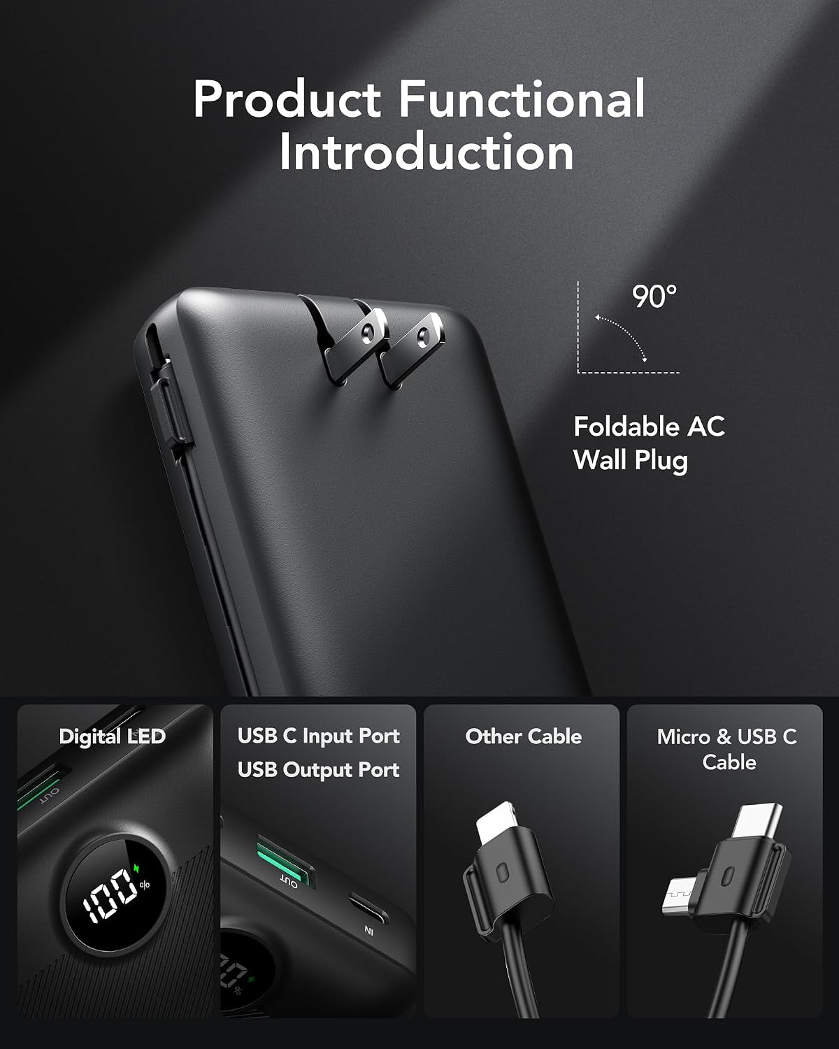 Portable Charger 20000Mah, Fast Charging Power Bank USB C,4 Output 2 Input Travel Essentials Charging Bank Equipped with LED Display,Built-In Wall Plug and Cables,Phone Charger Battery,Black