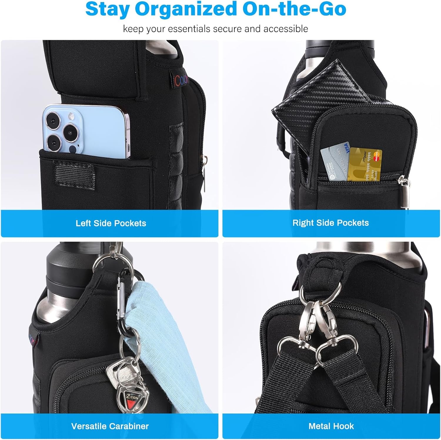 Magnetic Gym Bag Water Bottle Carrier Holder with Phone Pockets & Shoulder Strap,Gym Magnetic Bag 5 Built-In Magnets Gym Accessories Organizer Sling Bottle Bag Pouch Sleeve