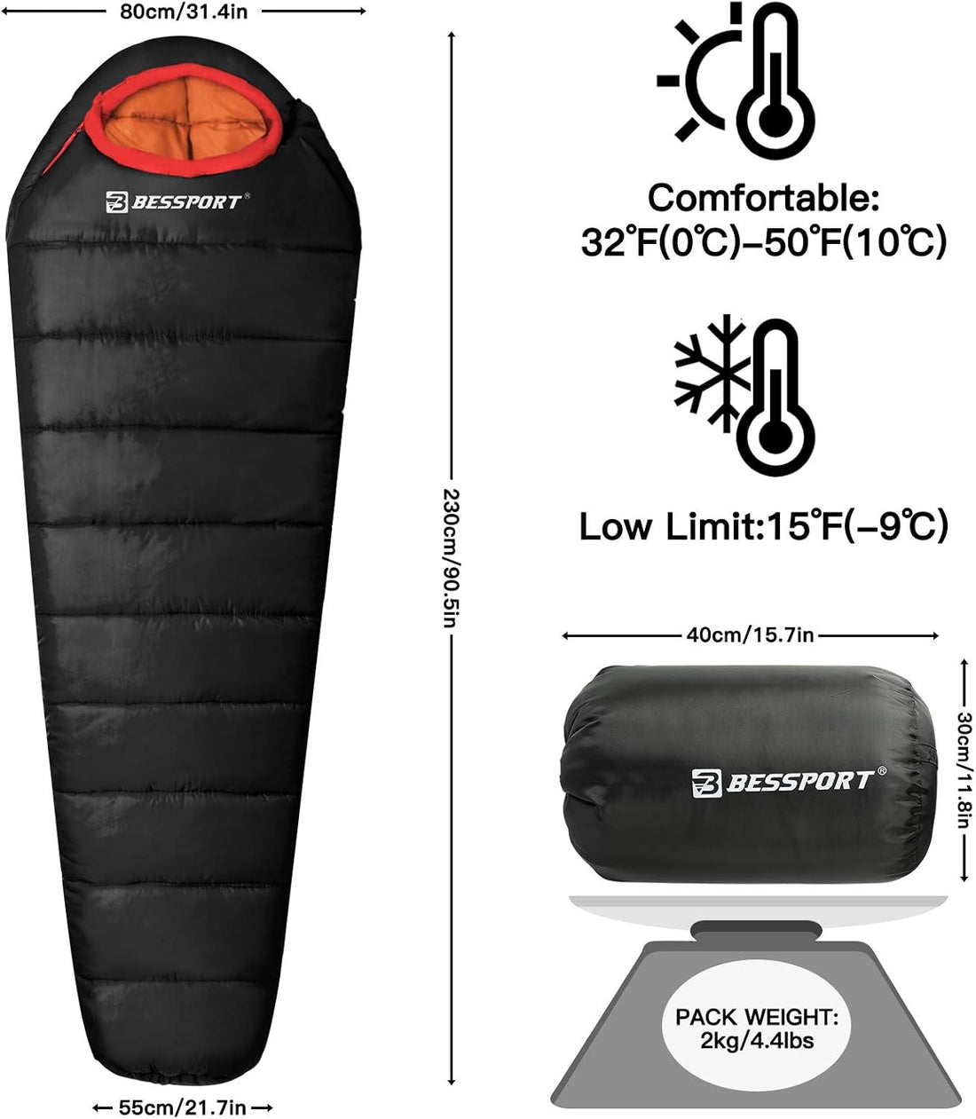 Mummy Sleeping Bag | 15-45 ℉ Extreme 3-4 Season Sleeping Bag for Adults Cold Weather– Warm and Washable, for Hiking Traveling & Outdoor Activities