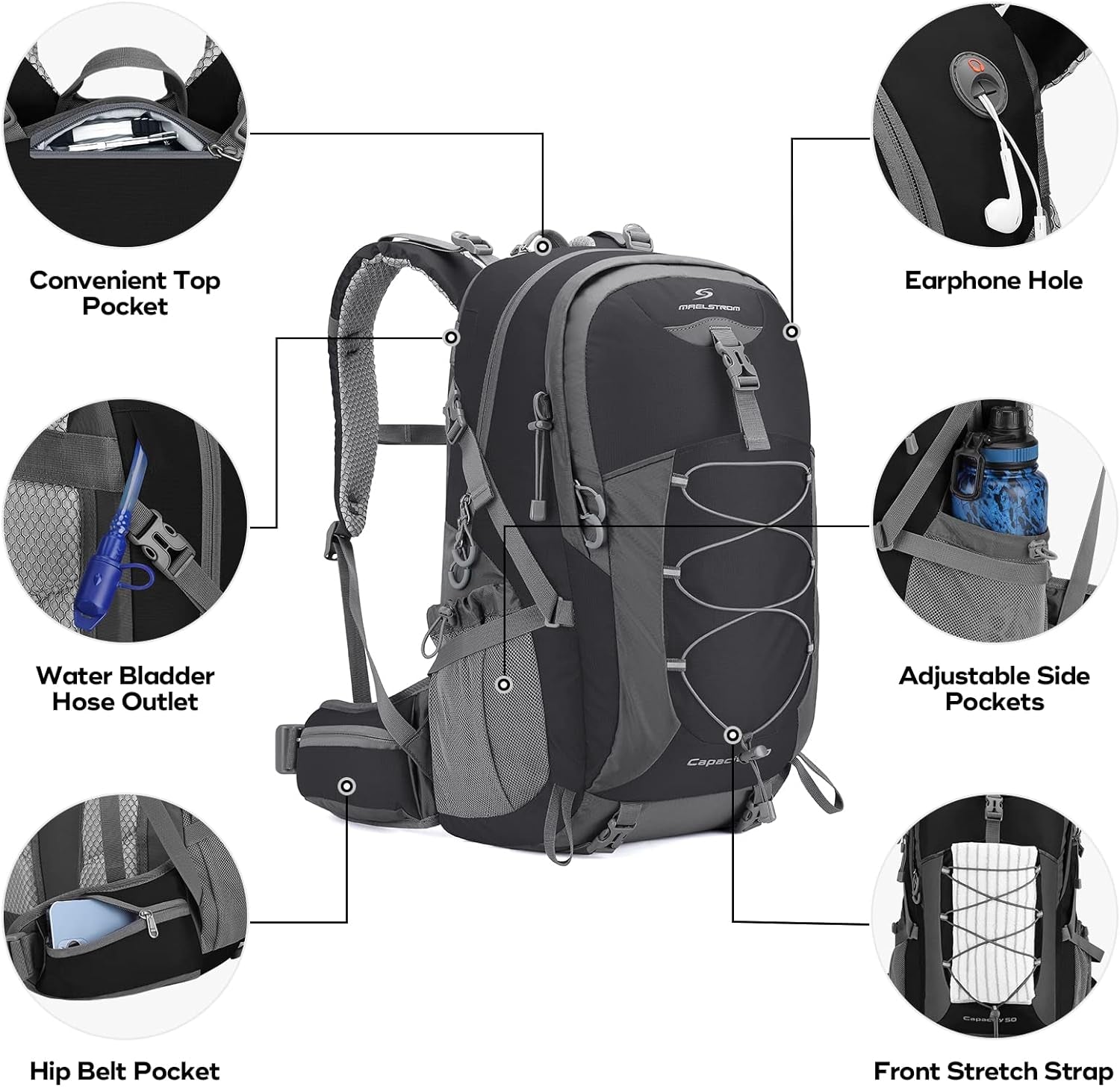 50L Hiking Backpack, Lightweight Camping Daypack with Rain Cover | Water-Resistant Rip-Stop Nylon, Wet/Dry Separation, Multi-Pockets, Survival Whistle. Ideal for Men, Women, Travel, Trekking