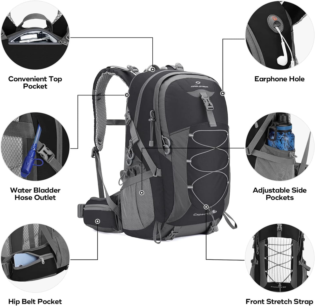50L Hiking Backpack, Lightweight Camping Daypack with Rain Cover | Water-Resistant Rip-Stop Nylon, Wet/Dry Separation, Multi-Pockets, Survival Whistle. Ideal for Men, Women, Travel, Trekking
