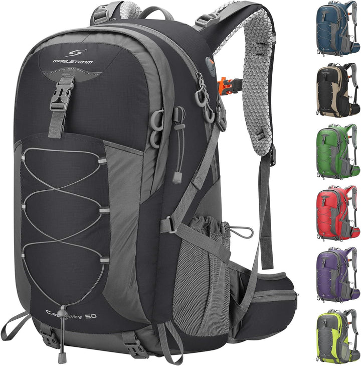 50L Hiking Backpack, Lightweight Camping Daypack with Rain Cover | Water-Resistant Rip-Stop Nylon, Wet/Dry Separation, Multi-Pockets, Survival Whistle. Ideal for Men, Women, Travel, Trekking
