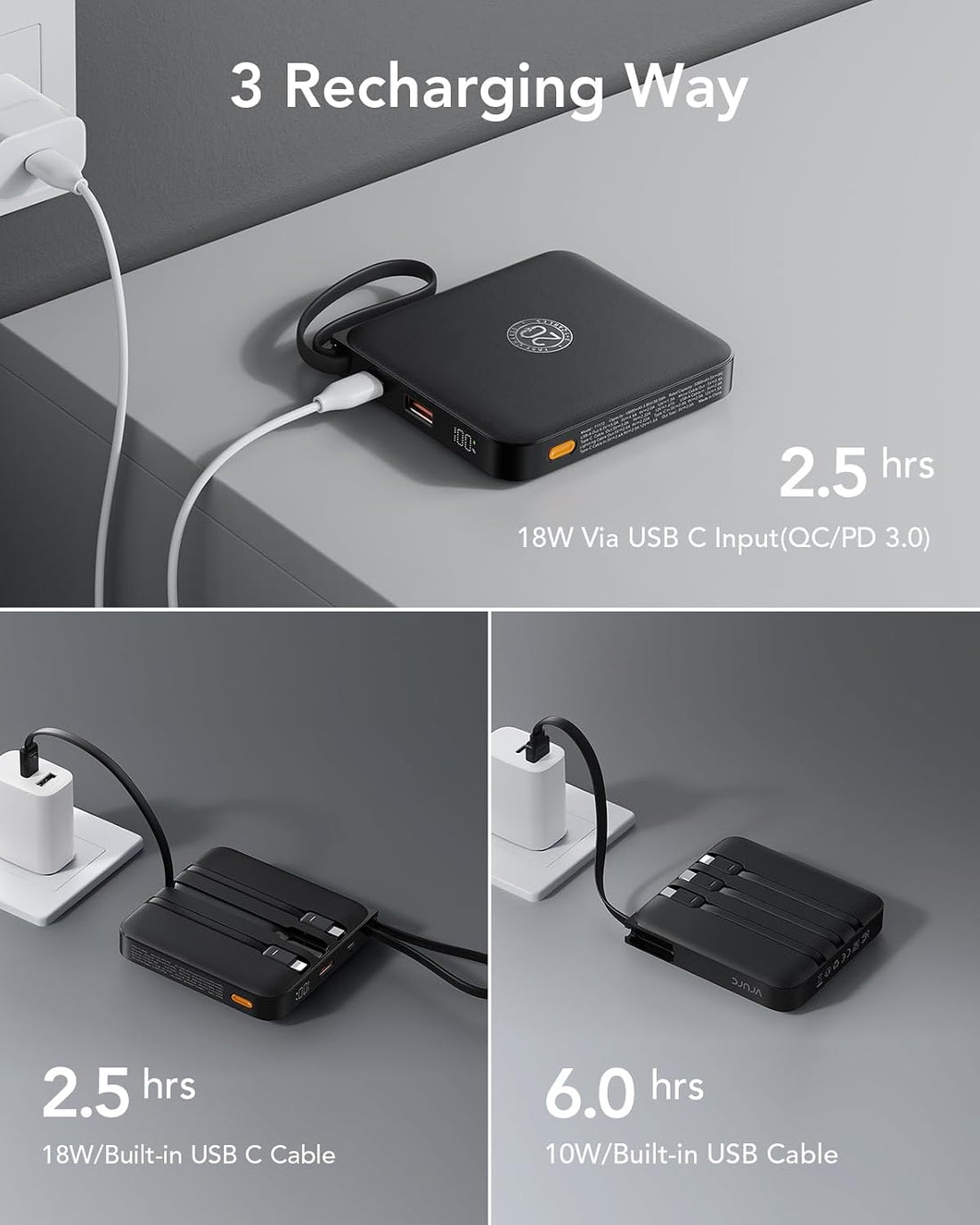 Portable Charger 20000Mah with Built-In 4 Cables 22.5W Fast Charging | Travel Essentials, Battery Pack Power Bank for Iphone Series, Samsung Galaxy S26 Series Android Phone, Black