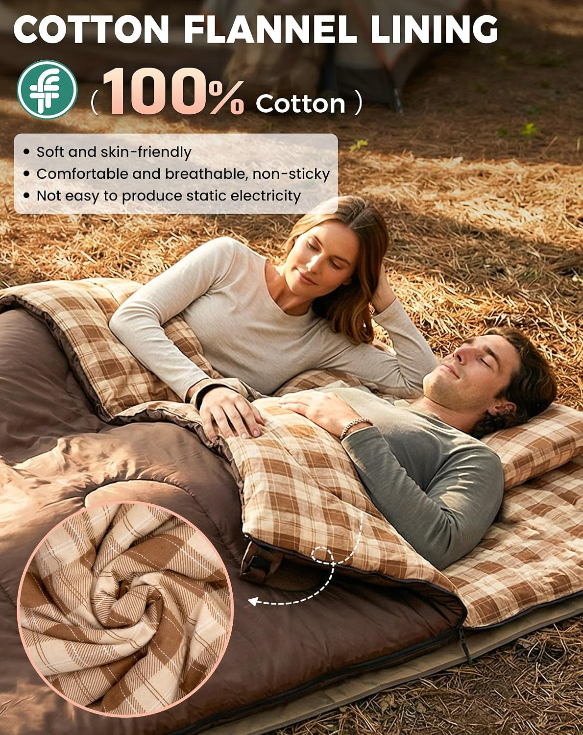 Double Sleeping Bag for Adults, Queen Size 2 Person Sleeping Bag | XXL 100% Cotton Flannel Waterproof,Lightweight,Includes 2 Pillows Sleeping Bag,Perfect for Couples Family Camping Hiking