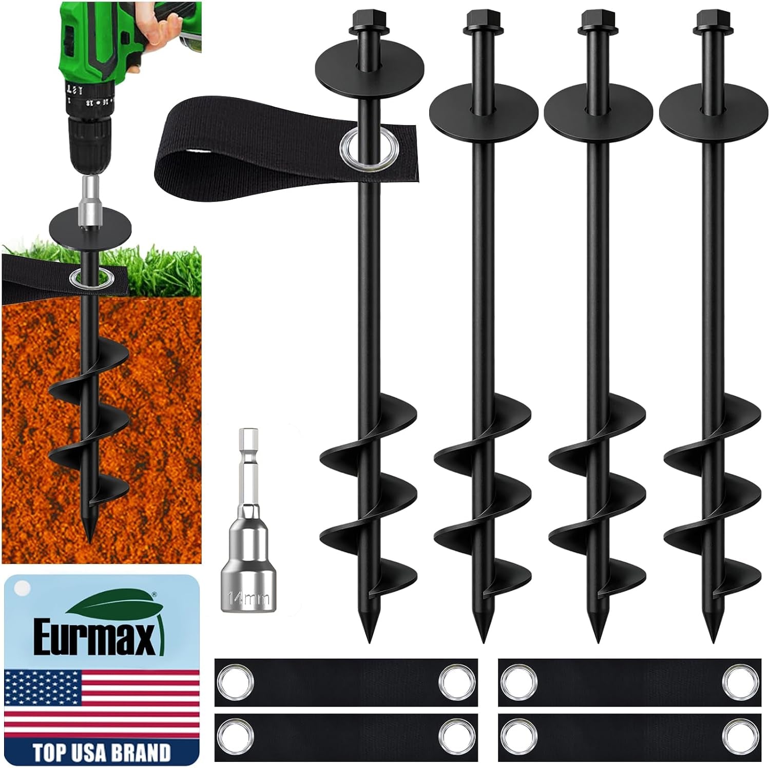 USA 4 Pack Universal Ground Anchors High Wind, Heavy Duty Screw-In Trampoline Stakes with 4 Straps, Upgraded Commercial Anchor Kit for Outdoor Sheds, Swing Sets & Mobile Homes (Black)