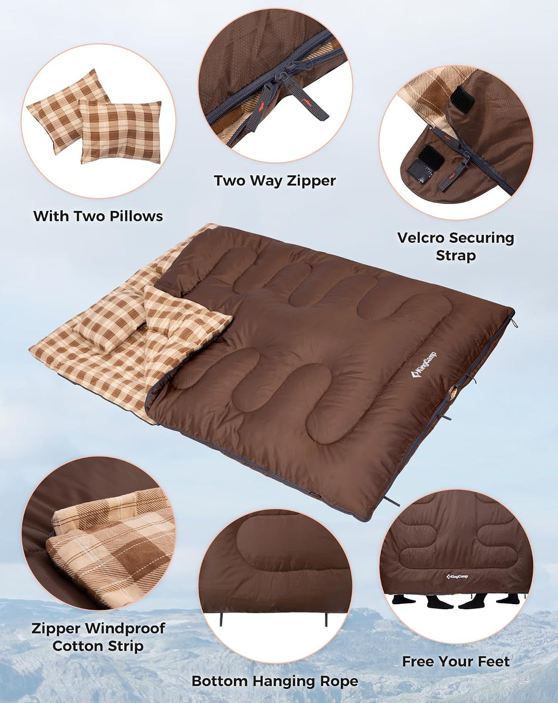Double Sleeping Bag for Adults, Queen Size 2 Person Sleeping Bag | XXL 100% Cotton Flannel Waterproof,Lightweight,Includes 2 Pillows Sleeping Bag,Perfect for Couples Family Camping Hiking