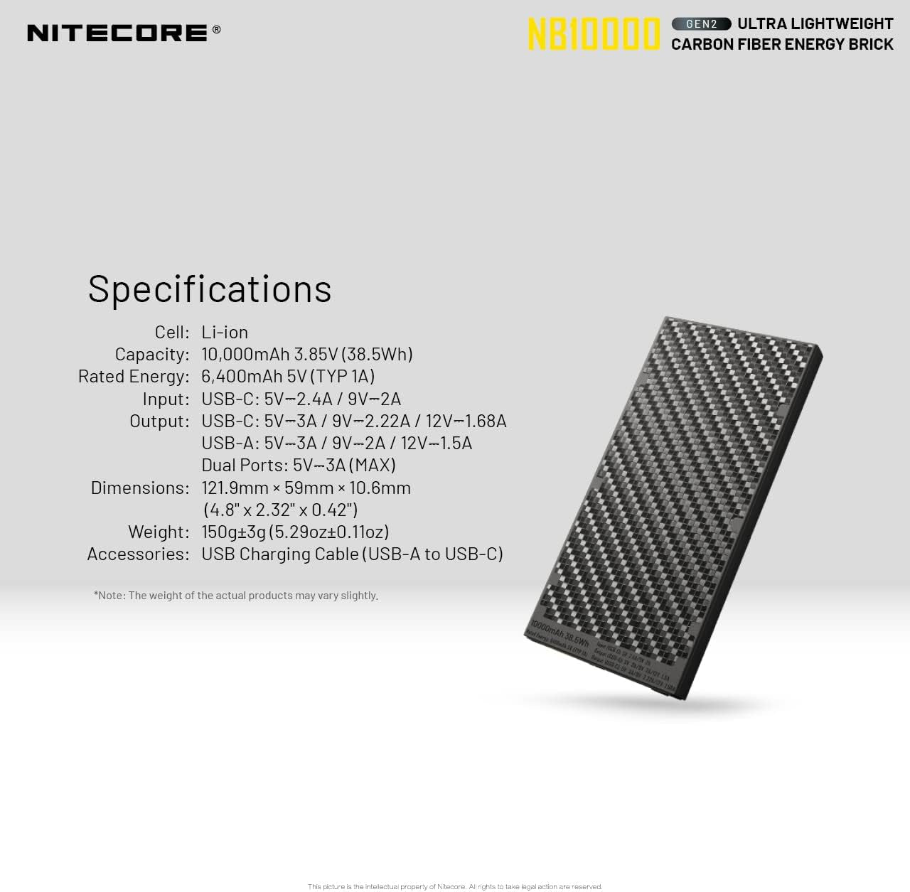 NB10000 Gen II (Gen 2) Ultra-Slim Power Bank, 10000Mah QC Quick-Charge USB and USB-C Dual Outputs with Cables for Phones, Flashlights and Headlamps, Dual Cable Bundle