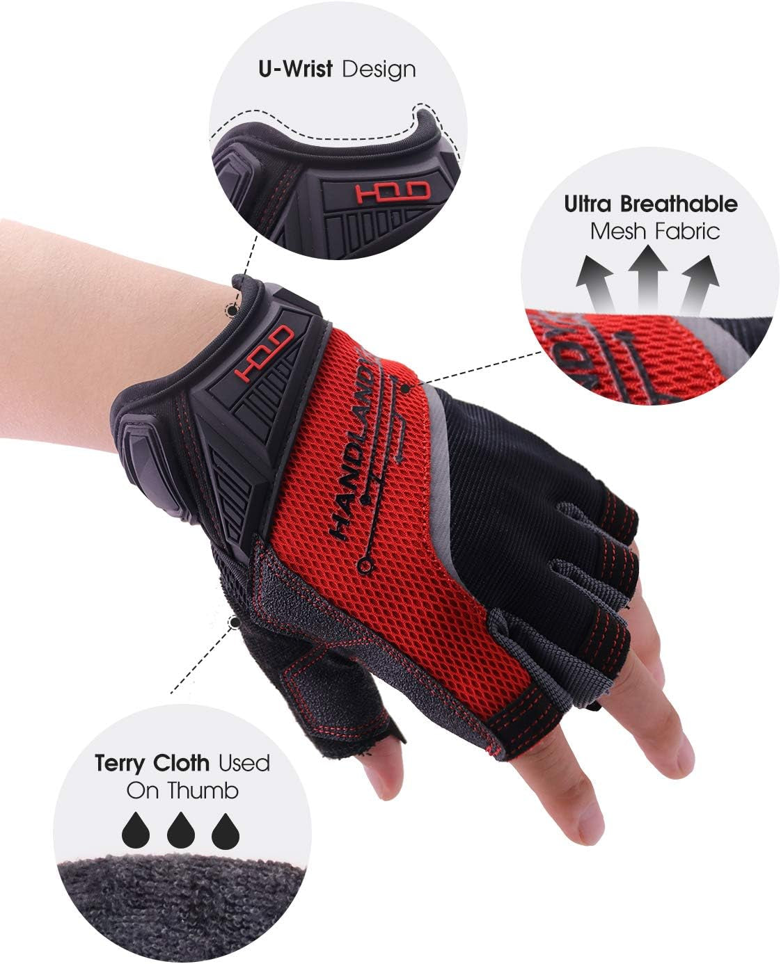 Fingerless Work Gloves for Men, Half Finger Working Glove Grip Shock-Absorbing Breathable Uwrist TPR Anti-Collision Gloves for Mens & Women (L)