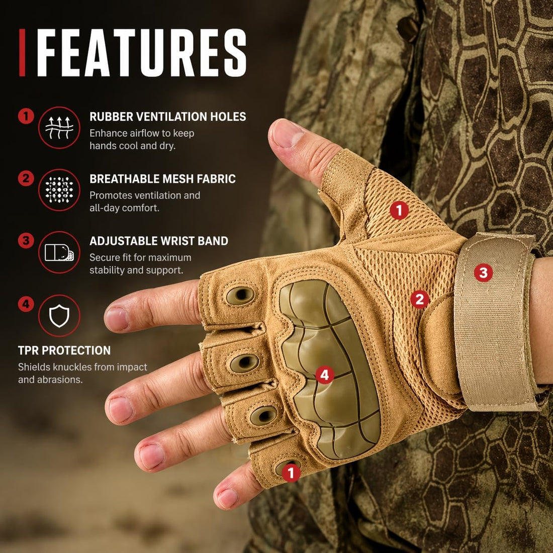 Fingerless Tactical Gloves – Men & Women, Breathable & Impact-Resistant Half-Finger Gloves for Motorcyclists, Airsoft, Cycling & Hunting, and Outdoor Sports, Beige