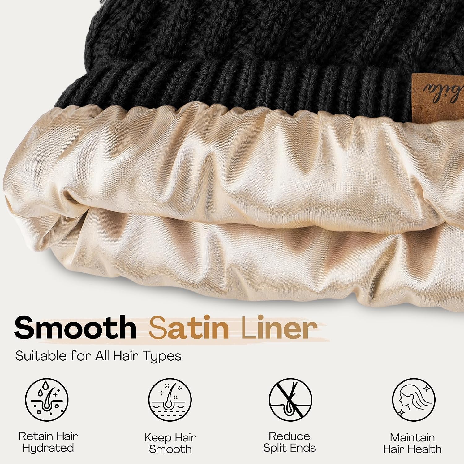 Ponytail Beanies for Women, Smooth Satin Lined Winter Knit Hat | Silky Lining with Ponytail Hole, Anti-Static, Warm & Soft Hat for Messy Bun & Casual Running Gifts