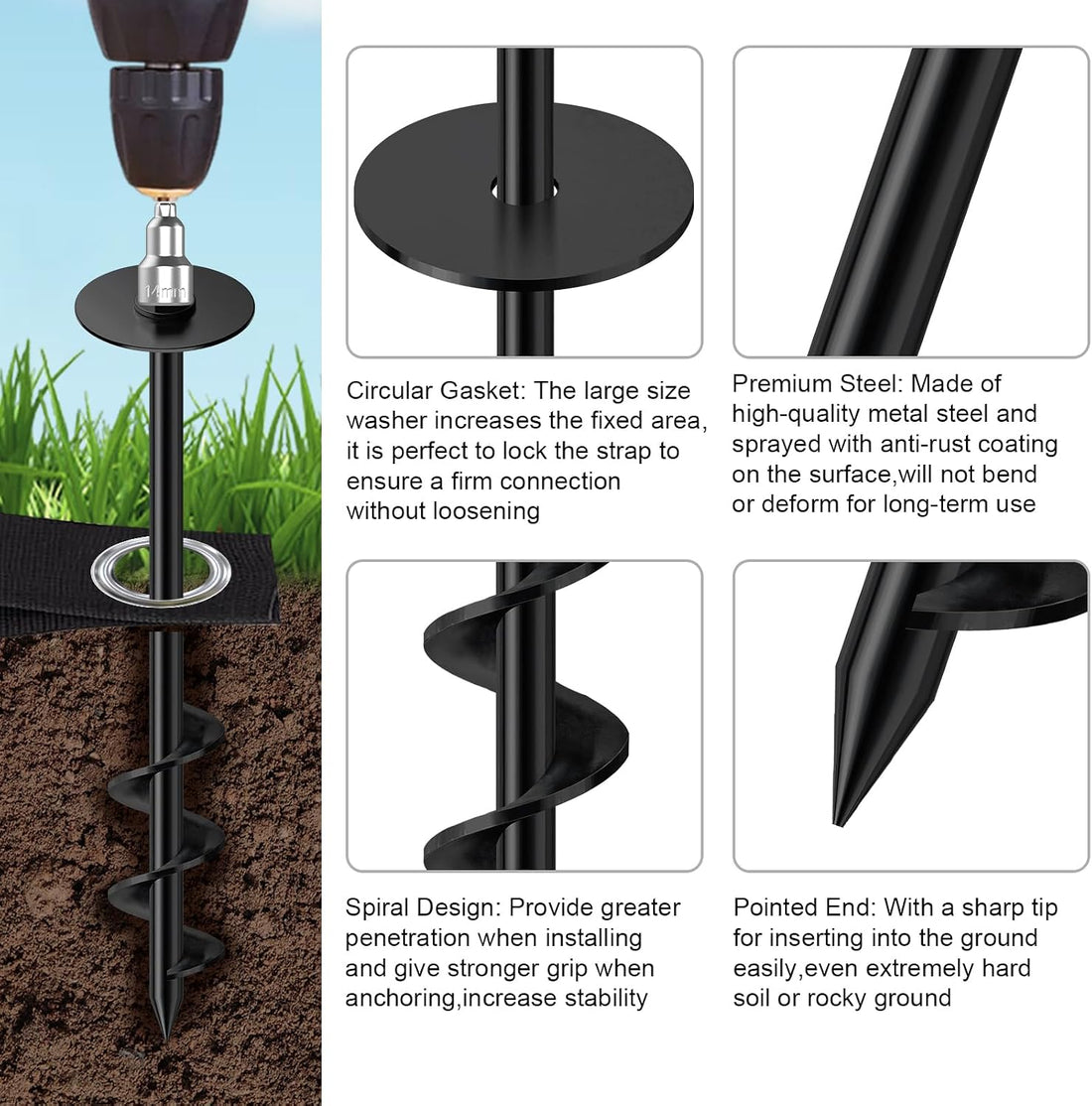 USA 4 Pack Universal Ground Anchors High Wind, Heavy Duty Screw-In Trampoline Stakes with 4 Straps, Upgraded Commercial Anchor Kit for Outdoor Sheds, Swing Sets & Mobile Homes (Black)