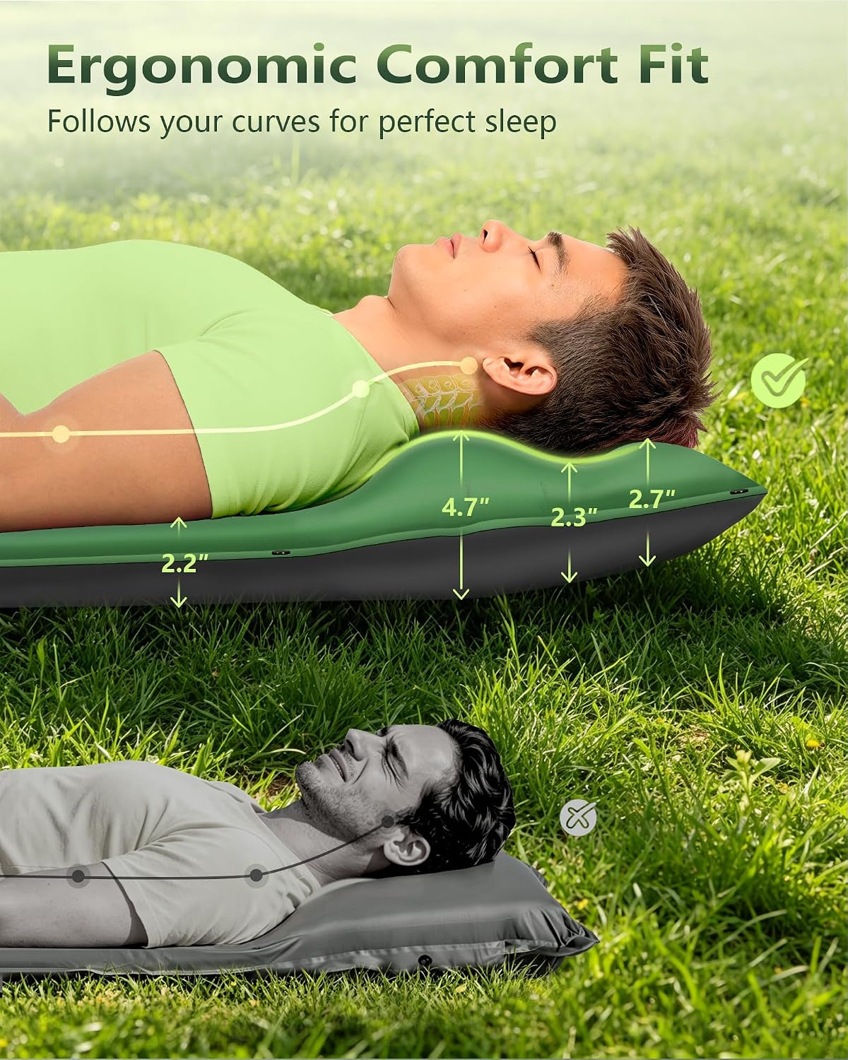 Self-Inflating Sleeping Pad with Built-In Pillow, 8R-Value 4 Season | 30D High-Density Foam Sleeping Mat, Lightweight Portable Camping Mat for Backpacking Hiking Travel, Snap Together for Couples