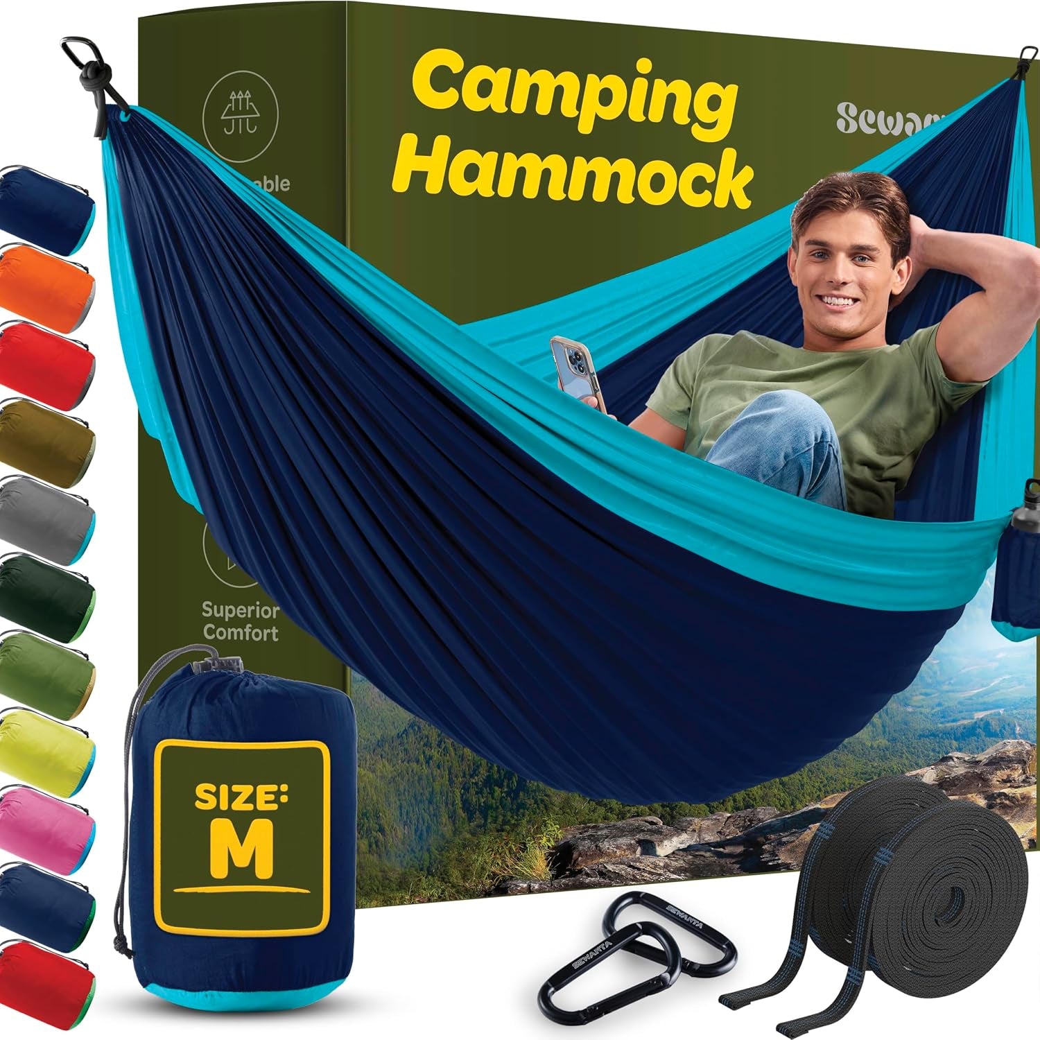 Durable Hammock 400 Lb Capacity, Nylon Camping Hammock Chair - Double or Single Sizes W/Tree Straps and Attached Carry Bag - Portable for Travel/Backpacking/Beach/Backyard (Medium, Blue & Light Blue)