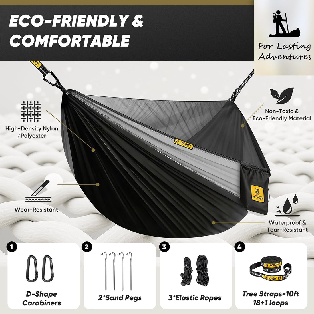 Camping Hammock with Mosquito Net, 500 Lbs Portable Hammock with Tree Straps, 2-In-1 Double/Single Travel Hammock Tent for Outside/Indoor/Backpacking/Beach - Black & Grey