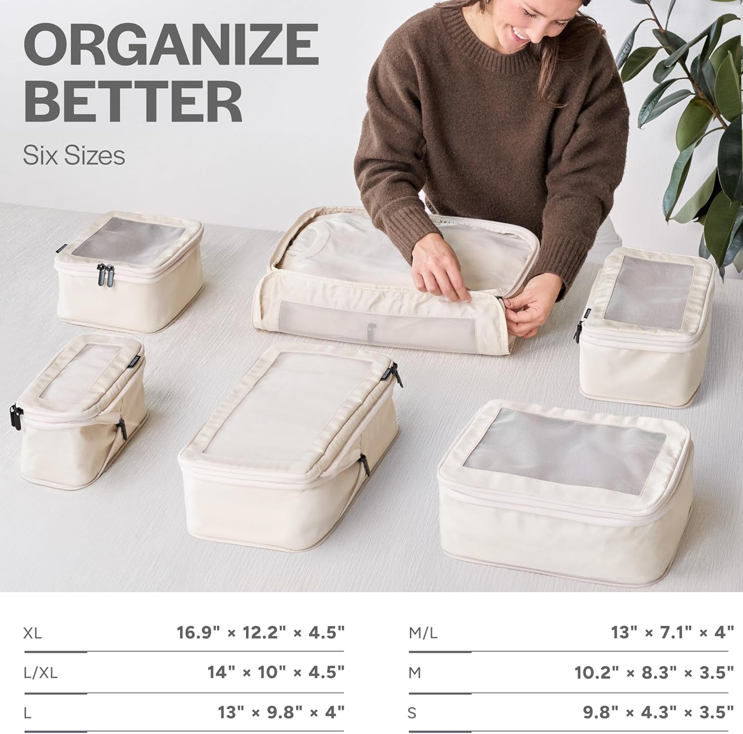 Compression Packing Cubes for Travel, 6-Pack, Beige | Solves Overpacking, 6-Piece Set Fits Most Suitcases, 50% Space Savings, Compression Luggage Organizer Bags