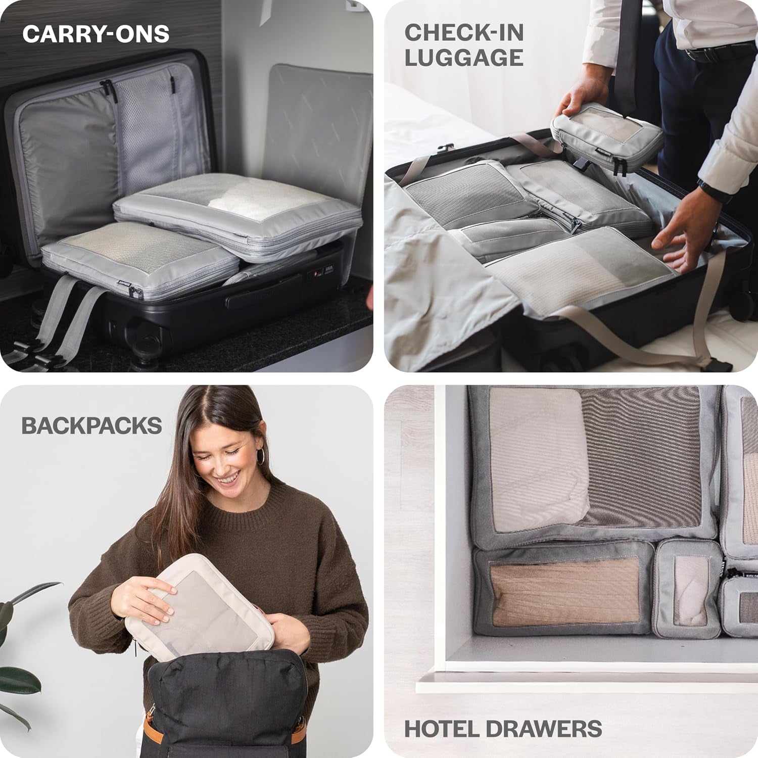 Maximize Your Travel Space with Our Premium 6-Pack Compression Packing Cubes in Light Grey