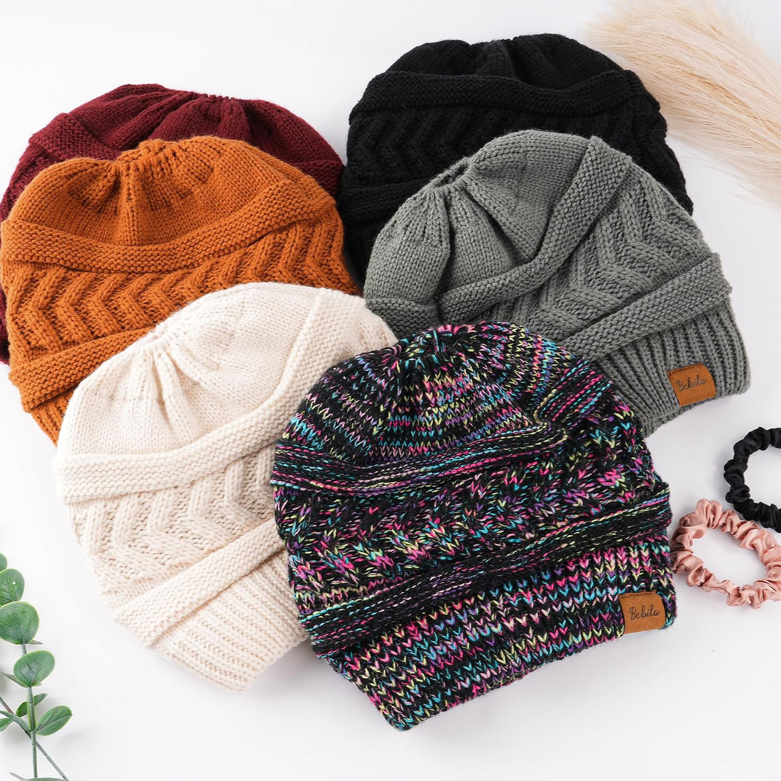 Ponytail Beanies for Women, Smooth Satin Lined Winter Knit Hat | Silky Lining with Ponytail Hole, Anti-Static, Warm & Soft Hat for Messy Bun & Casual Running Gifts