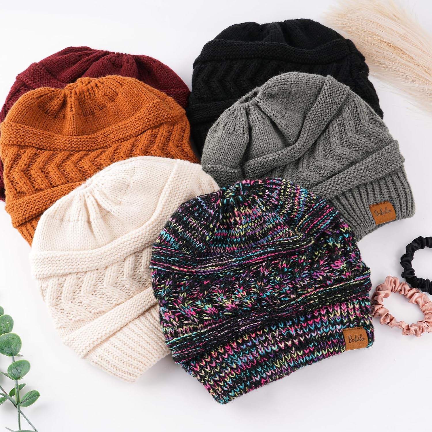 Ponytail Beanies for Women, Smooth Satin Lined Winter Knit Hat | Silky Lining with Ponytail Hole, Anti-Static, Warm & Soft Hat for Messy Bun & Casual Running Gifts