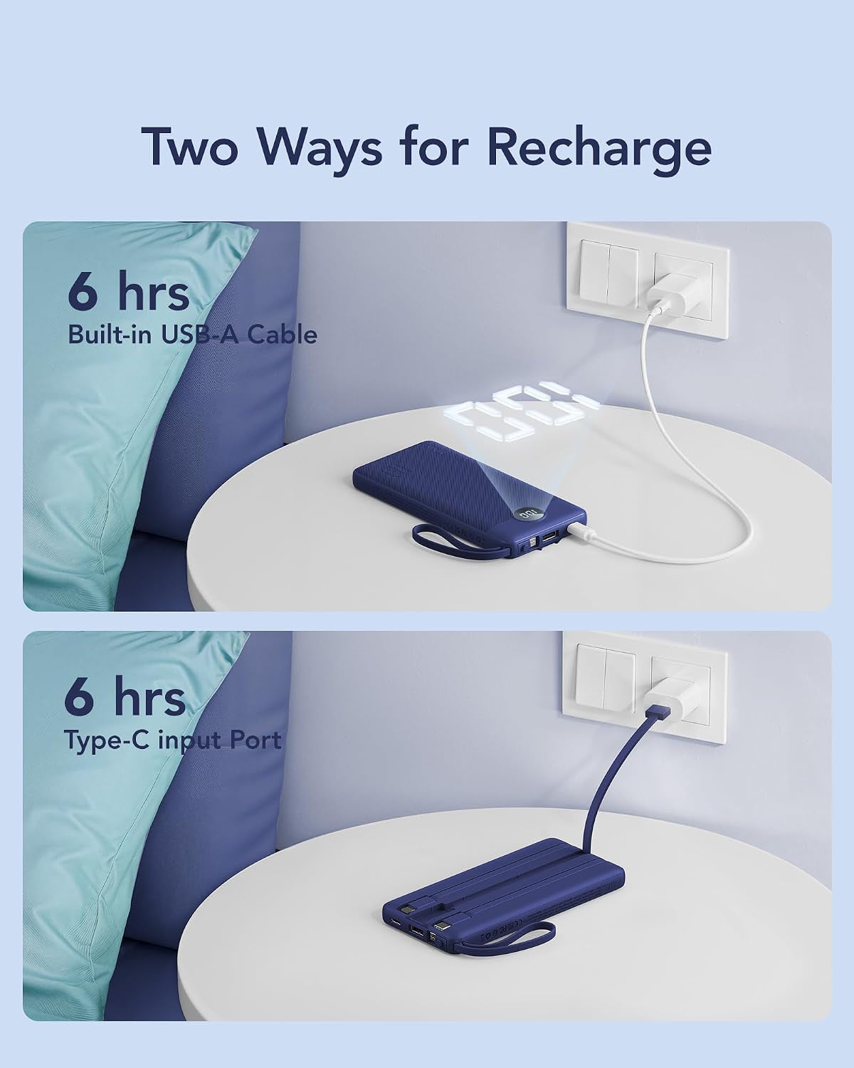 Portable Charger, Built in 4 Cables & Lanyard Power Bank 10000Mah | Compact USB C Phone Charging Bank 5 Outputs for Multi Devices,Travel Essential for Hiking Camping Business-Navy(1 Pack)
