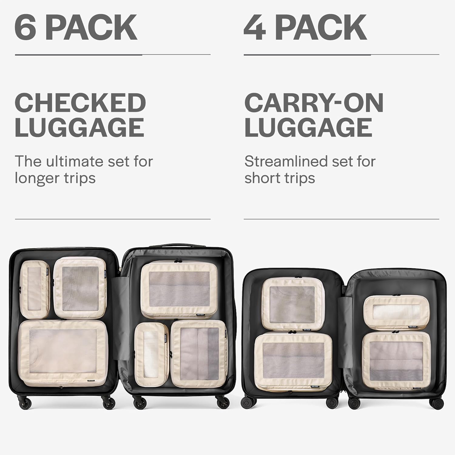 Compression Packing Cubes for Travel, 6-Pack, Beige | Solves Overpacking, 6-Piece Set Fits Most Suitcases, 50% Space Savings, Compression Luggage Organizer Bags
