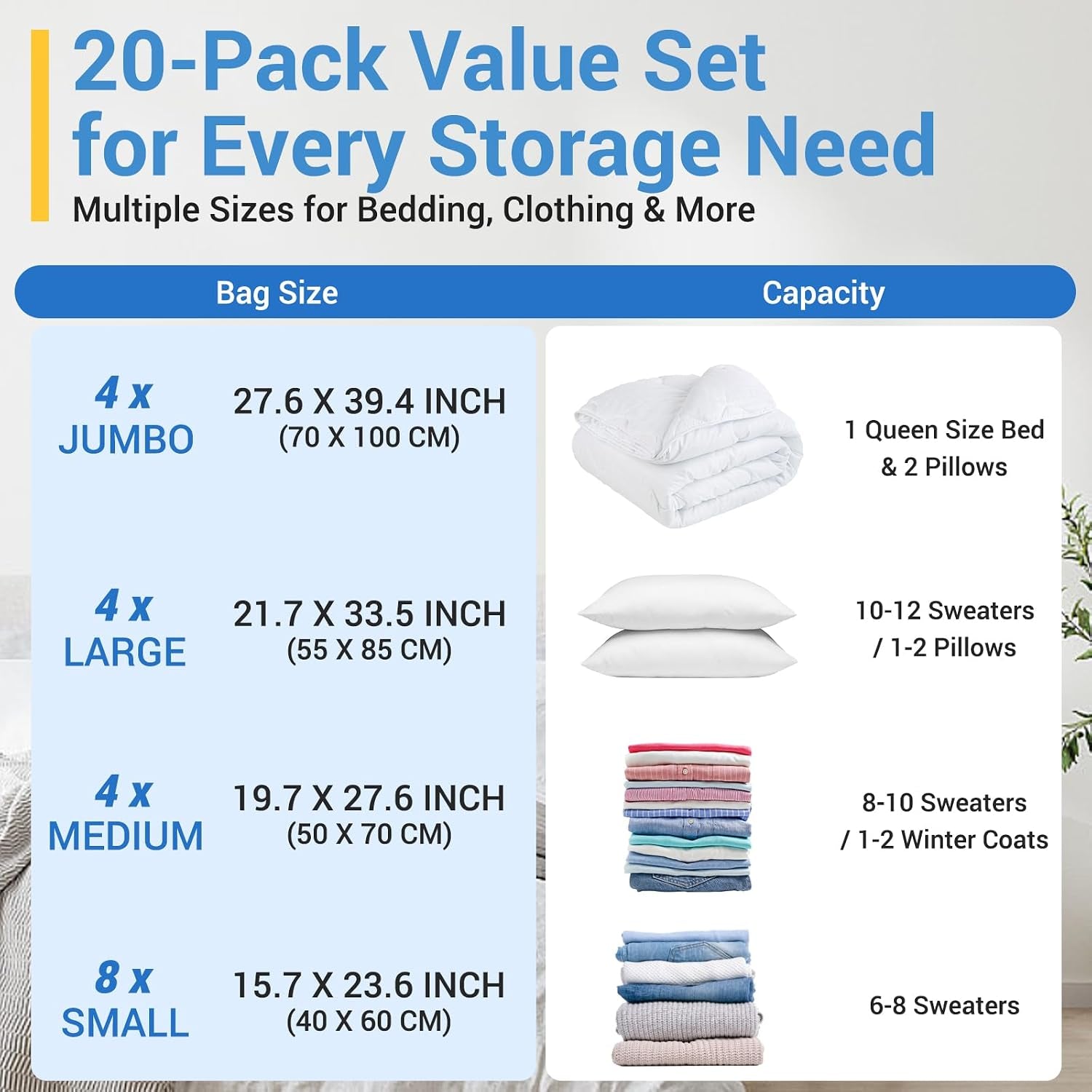 80% Space Saver Vacuum Storage Bags with Hand Pump, 20 Combo | Plastic Packaging Bags, Vacuum Seal Bags for Clothing, Travel Lugggage, Blankets, Comforters