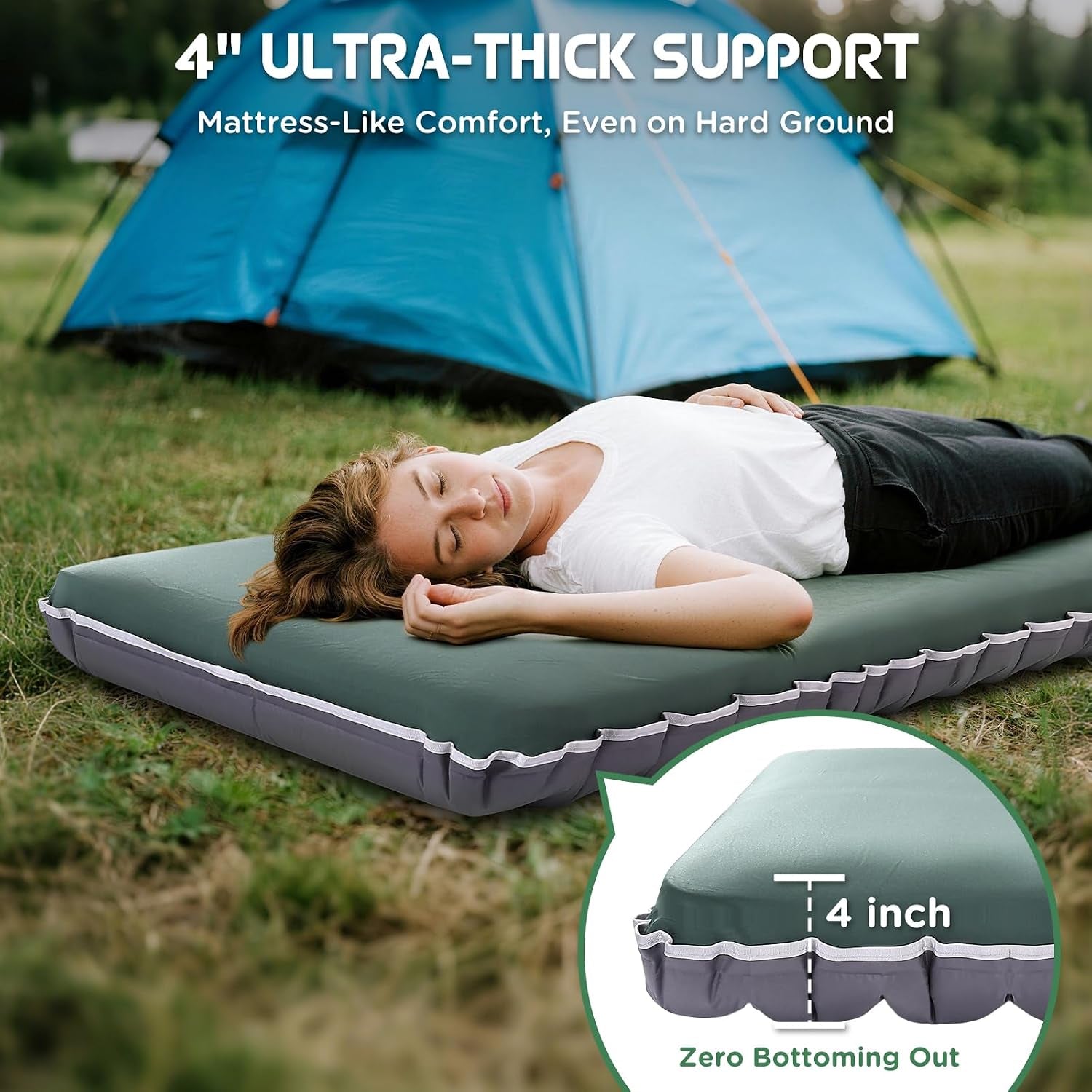 Air & Foam Camping Mattress with Air Pump 4" Single Army Green | Cumbrex™ Memory Foam Sleeping Pad, Ultra-Thick, R-Value 9.5, 4-Season Camp Mat, Compact for Travel Outdoor