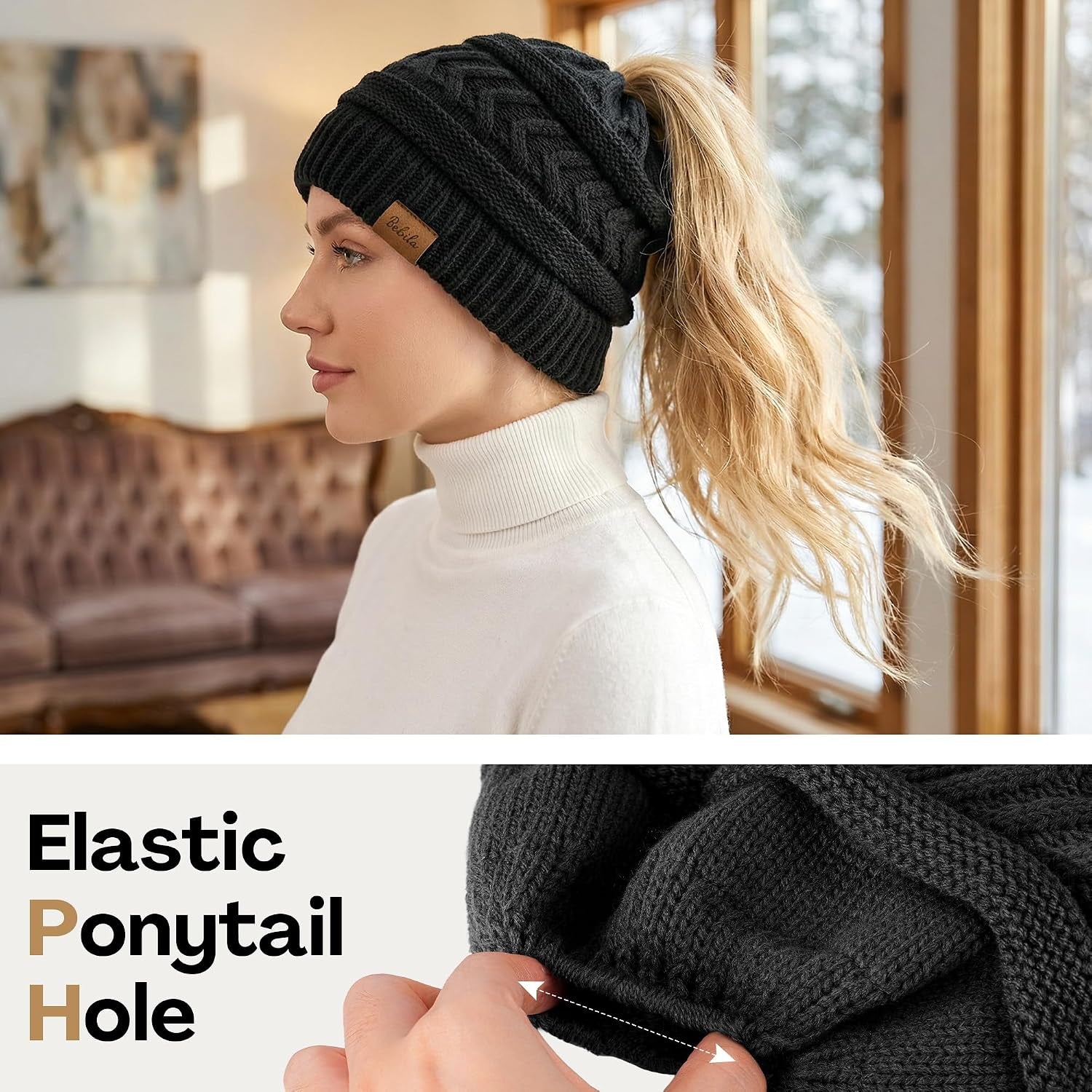 Ponytail Beanies for Women, Smooth Satin Lined Winter Knit Hat | Silky Lining with Ponytail Hole, Anti-Static, Warm & Soft Hat for Messy Bun & Casual Running Gifts