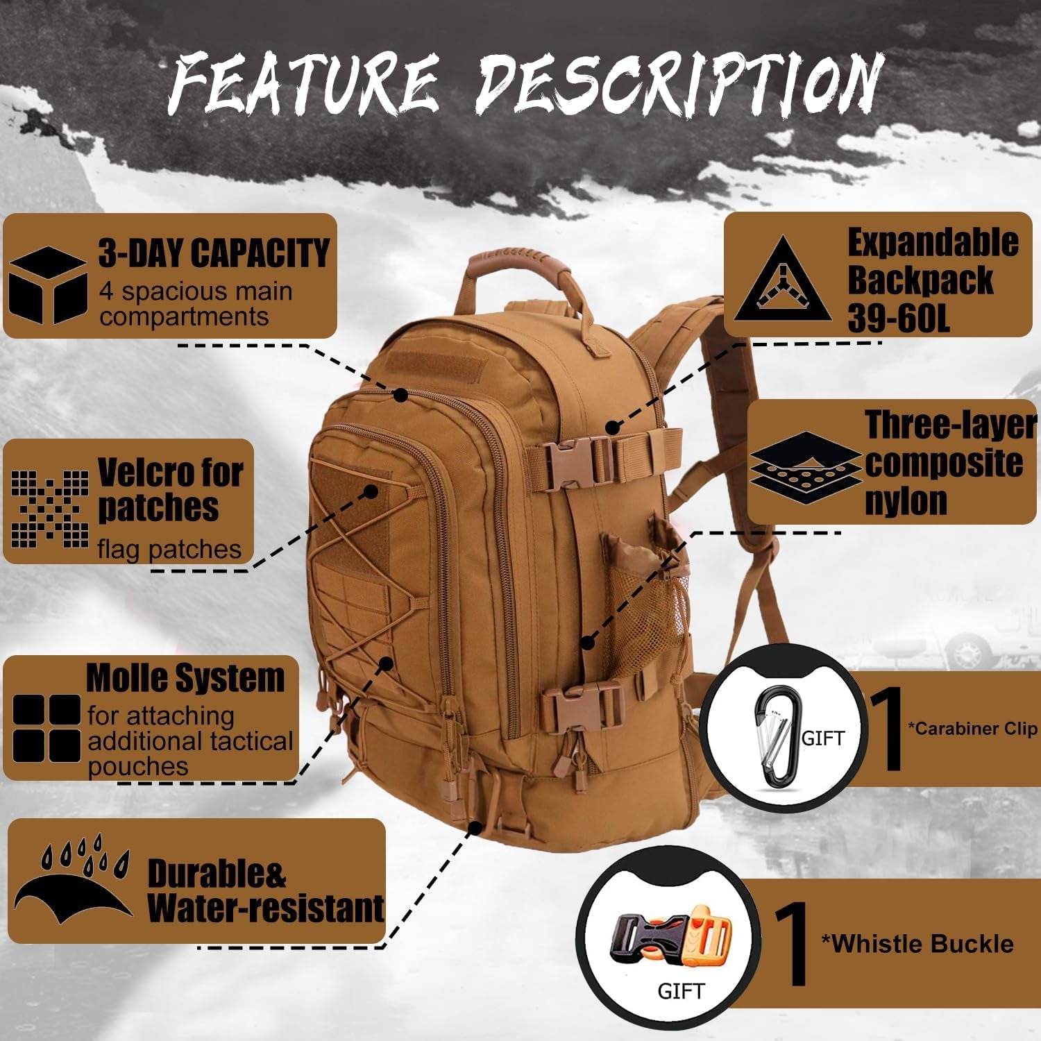 Expandable 40-64L Military Tactical Backpack 3 Day Bag Hiking Gym Sport Camping