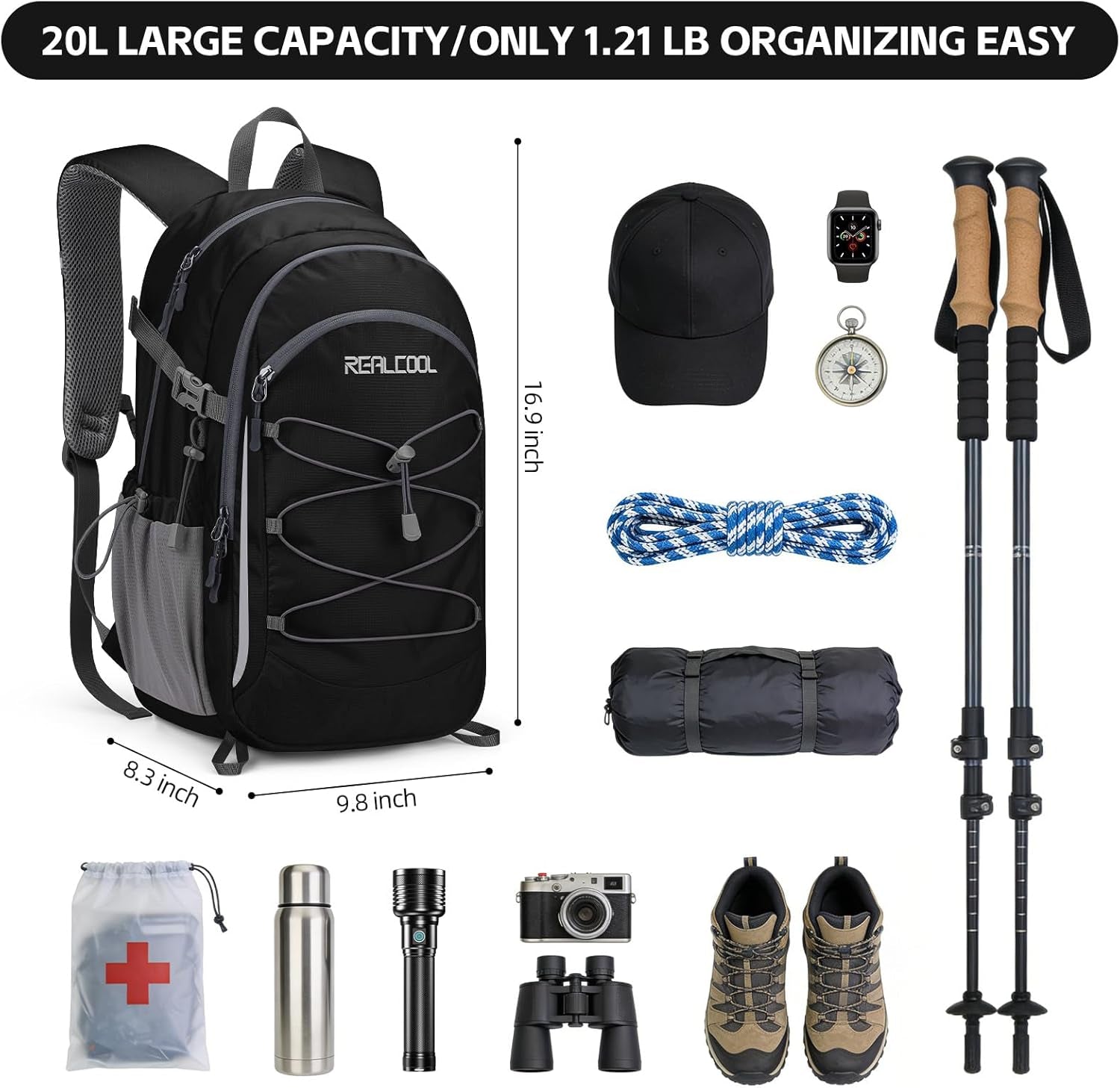 20L Lightweight Hiking Backpack, Waterproof Daypack for Camping | 210D Tear-Resistant Nylon, Breathable Shoulder and Back Panel, Multi-Compartment,Hydration System,Reflective Strip,Bungee Net