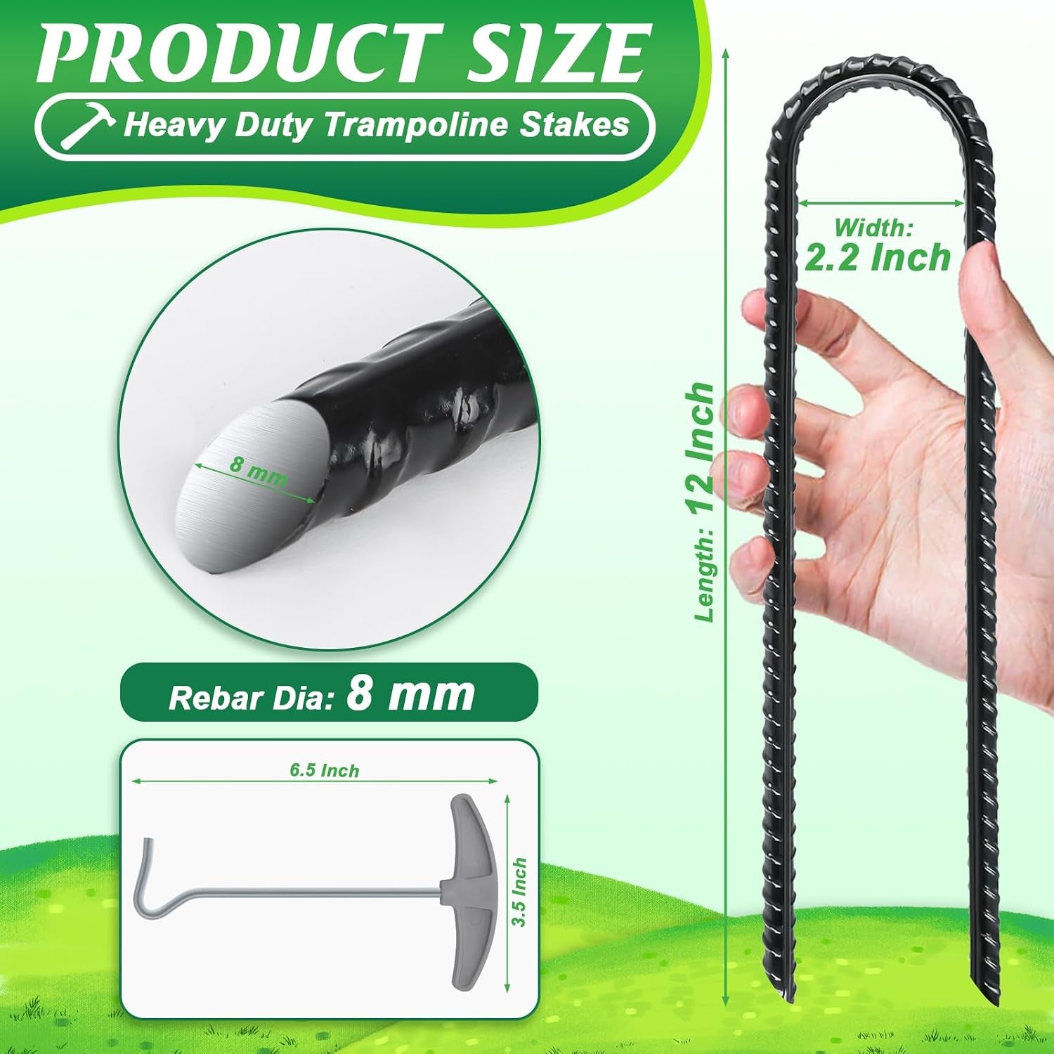 Trampoline Stakes, Trampoline Accessories, Ground Stakes Heavy Duty, Ground Anchors Screw In, Rebar Stakes, High Wind Tent Anchors, Galvanized Steel, U Shaped, Black