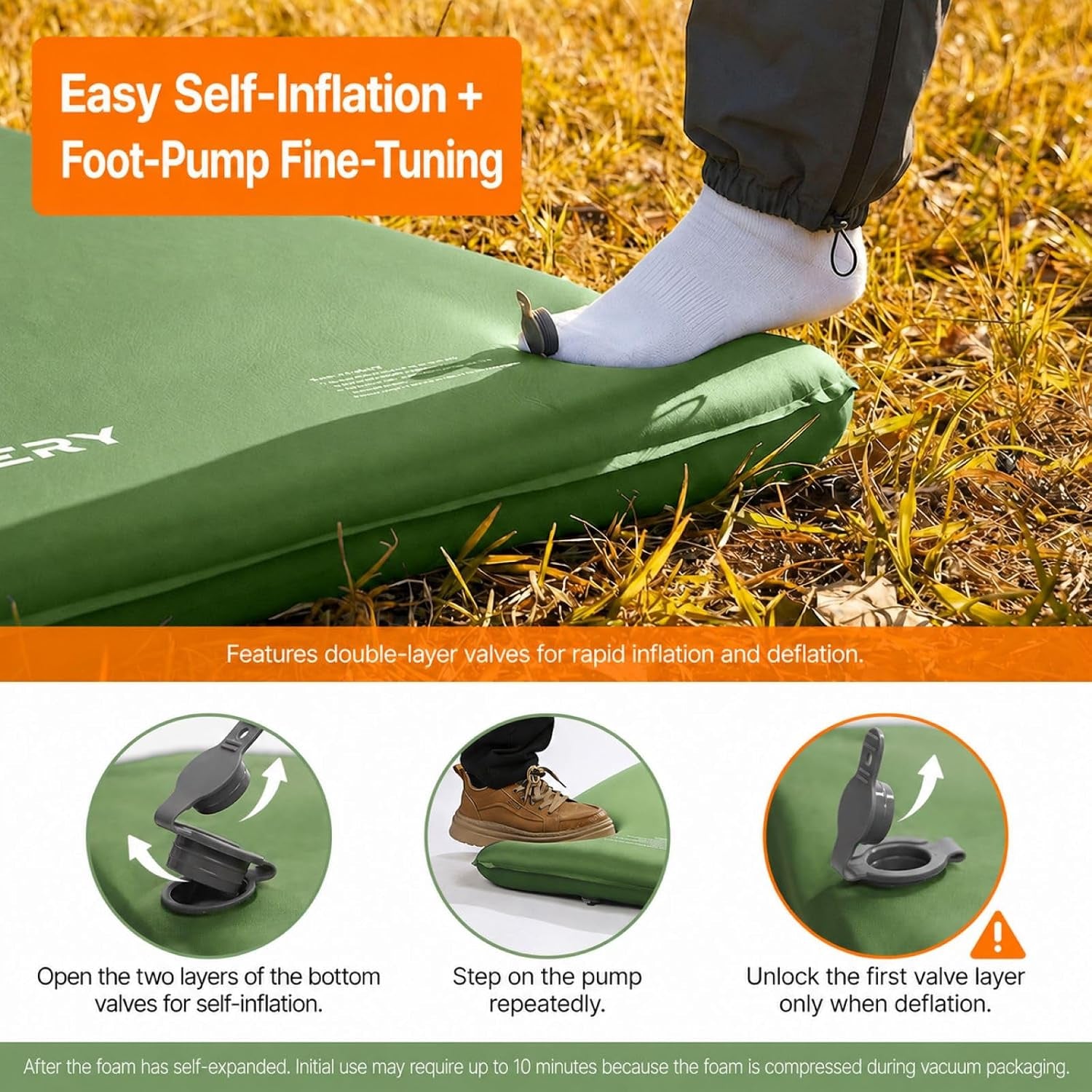 Self-Inflating Sleeping Pad, 3" Memory Foam Camping Mattress | Built-In Foot Pump, Insulated Foam, Memory Foam, Car Camping, Tent Camping, Backpacking, Compact Storage, 4-Season