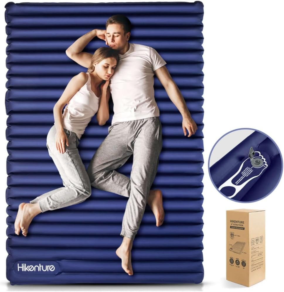 Double Sleeping Pad for Camping, Ultralight 4" Extra-Thick Camping Mattress 2 Person, Inflatable Backpacking Sleeping Mat, Hiking Air Mattress for Tent (Navy Footpump 79X47.5In)
