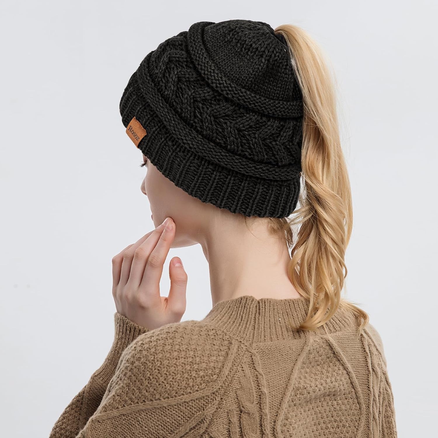 1&2 Packs Ponytail Beanie for Women,Winter Warm Beanie Tail Soft Stretch Cable Knit Messy High Bun Hat