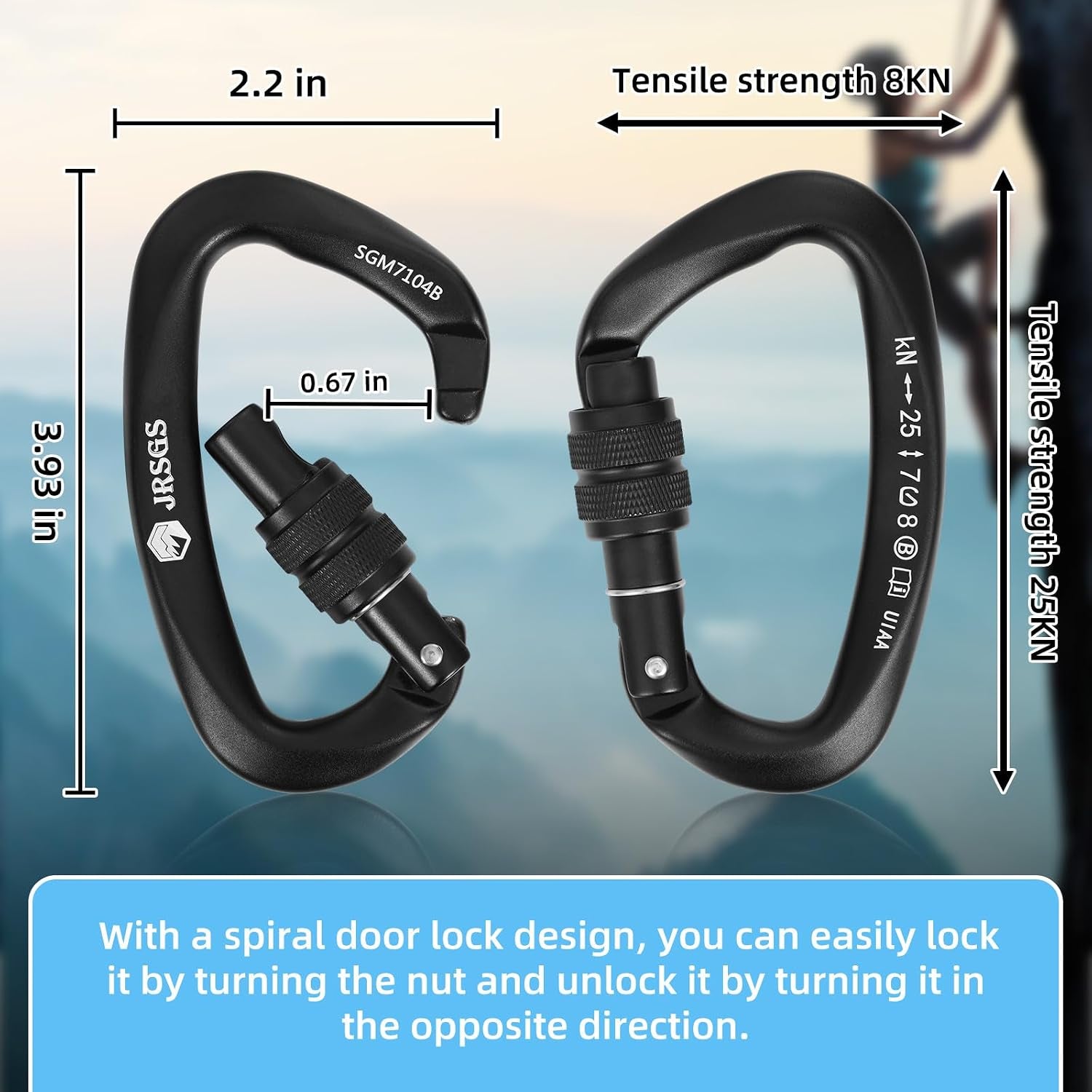 Climbing Carabiner Clips,Locking Carabiner for Camping,Rescue,Hunting | UIAA Certified 25KN Climbing Carabiner,Screw Lock Large Clips,Locking Carabiners for Rappelling, Mountaineering, D Shaped