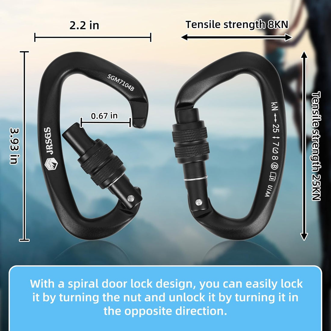 Climbing Carabiner Clips,Locking Carabiner for Camping,Rescue,Hunting | UIAA Certified 25KN Climbing Carabiner,Screw Lock Large Clips,Locking Carabiners for Rappelling, Mountaineering, D Shaped