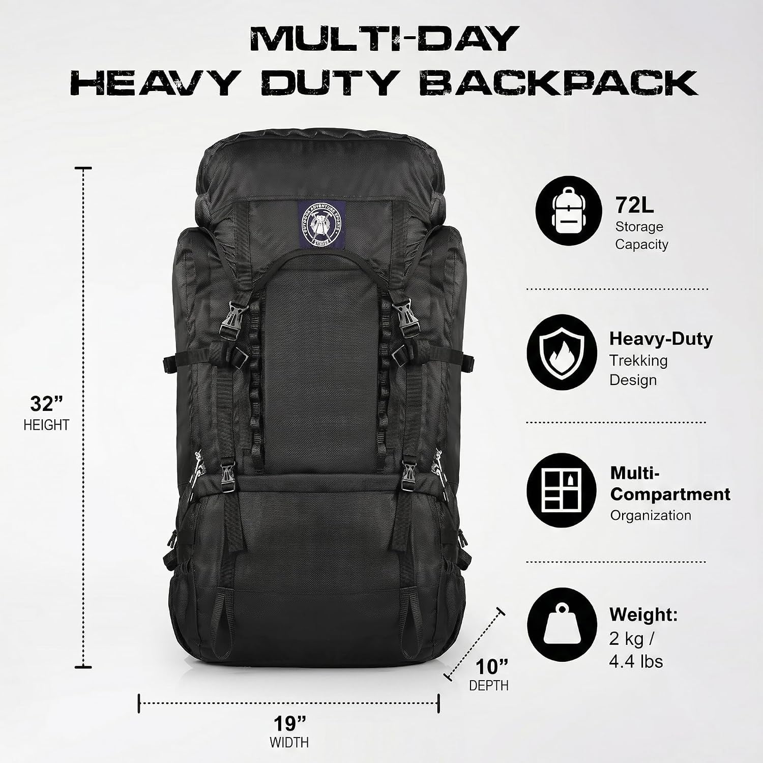 Supersonik 72L Internal Frame Hiking Backpack for Men and Women – Lightweight Waterproof Trekking & Camping Backpack with Rain Cover – Adjustable Back Length, Hydration Bladder Compatible