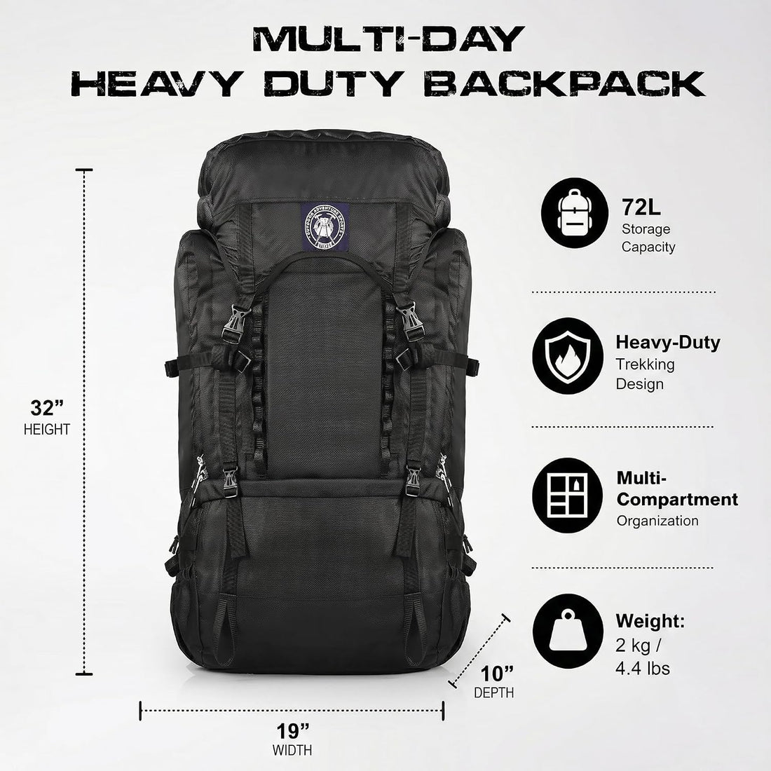 Supersonik 72L Internal Frame Hiking Backpack for Men and Women – Lightweight Waterproof Trekking & Camping Backpack with Rain Cover – Adjustable Back Length, Hydration Bladder Compatible
