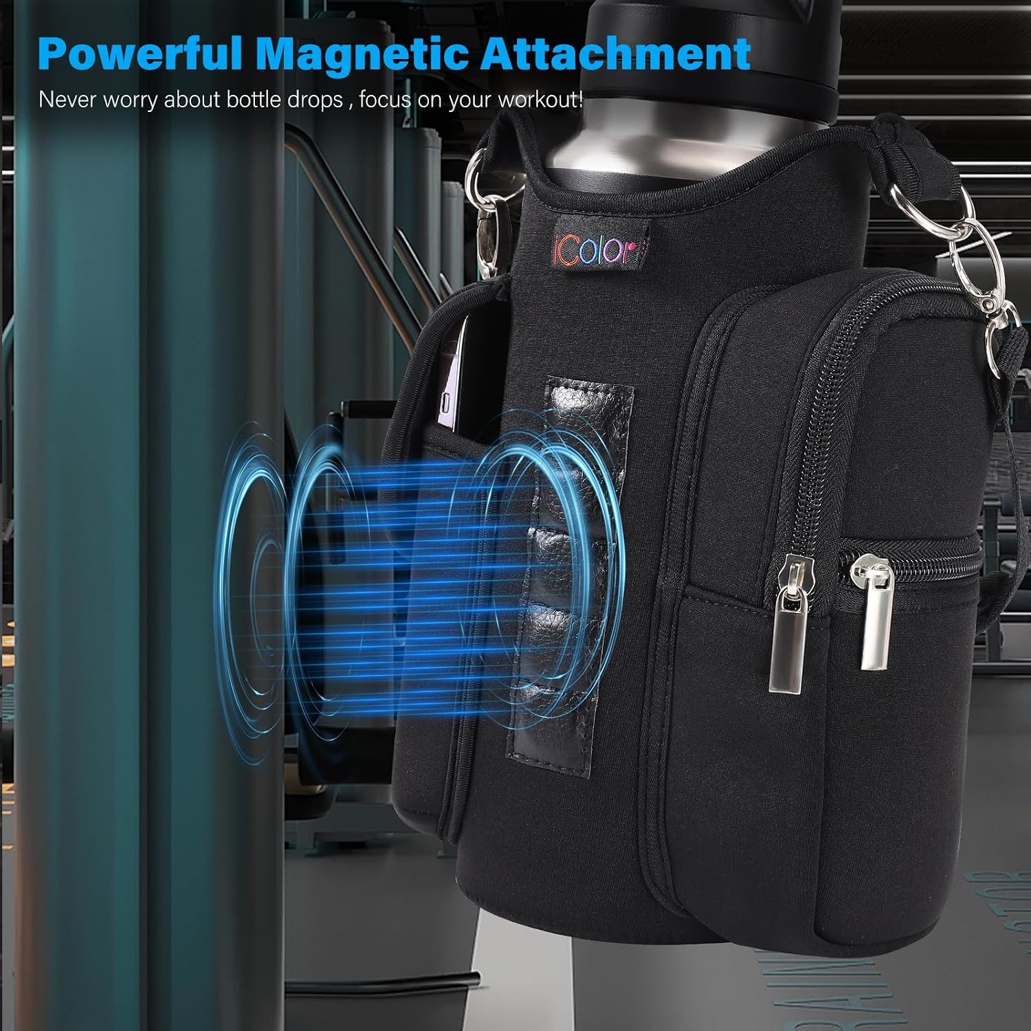 Magnetic Gym Bag Water Bottle Carrier Holder with Phone Pockets & Shoulder Strap,Gym Magnetic Bag 5 Built-In Magnets Gym Accessories Organizer Sling Bottle Bag Pouch Sleeve