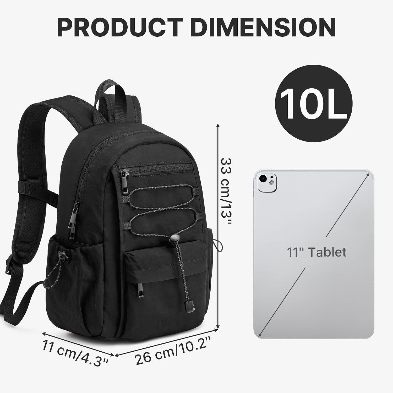 10L Small Backpack for Women Men | Mini Lightweight Hiking Travel Casual Daypack, Water Repellent Fabric, Fits 11" Tablet, Black